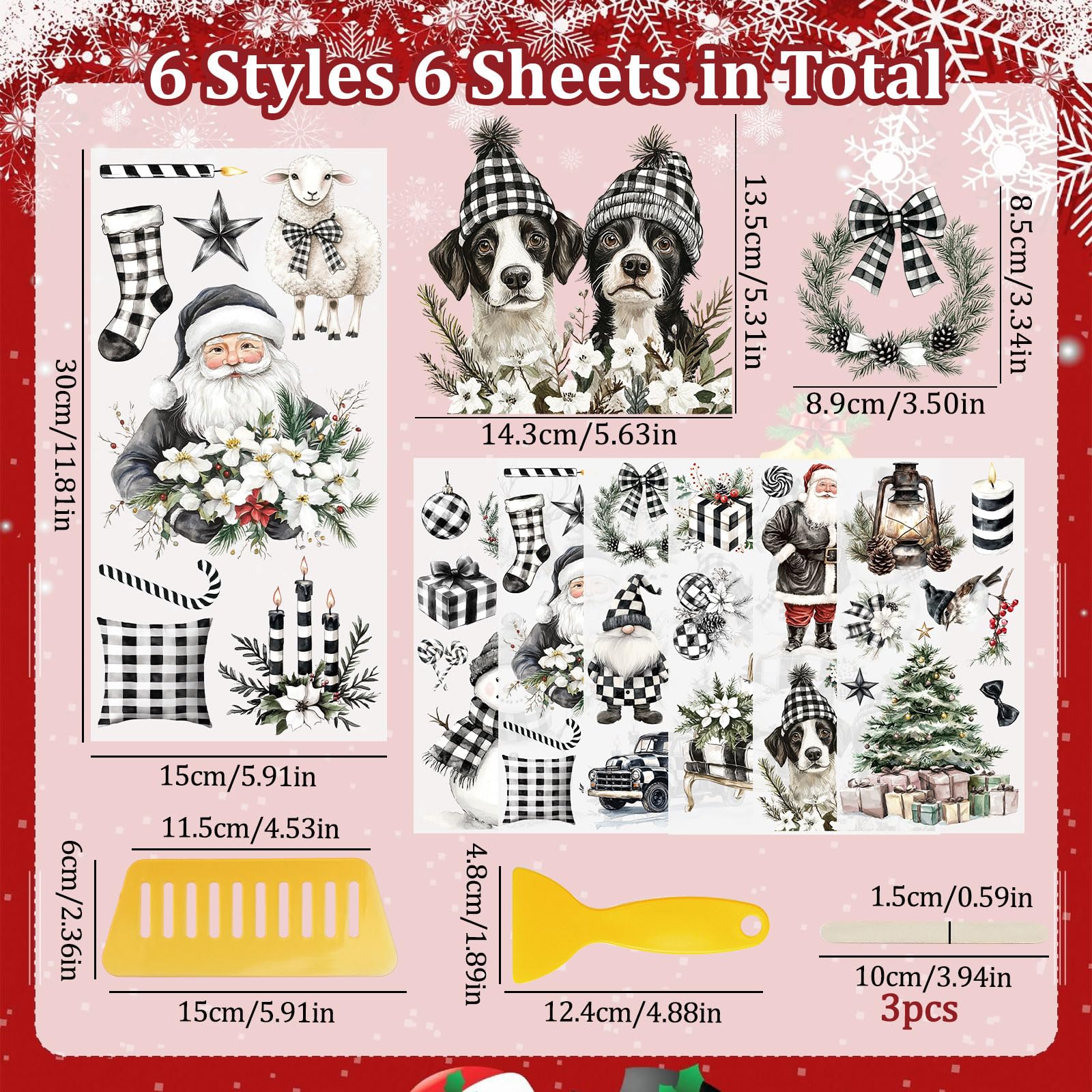 WANDIC 6PCS Christmas Black And White Pattern Rub On Transfer Stickers - Image 2