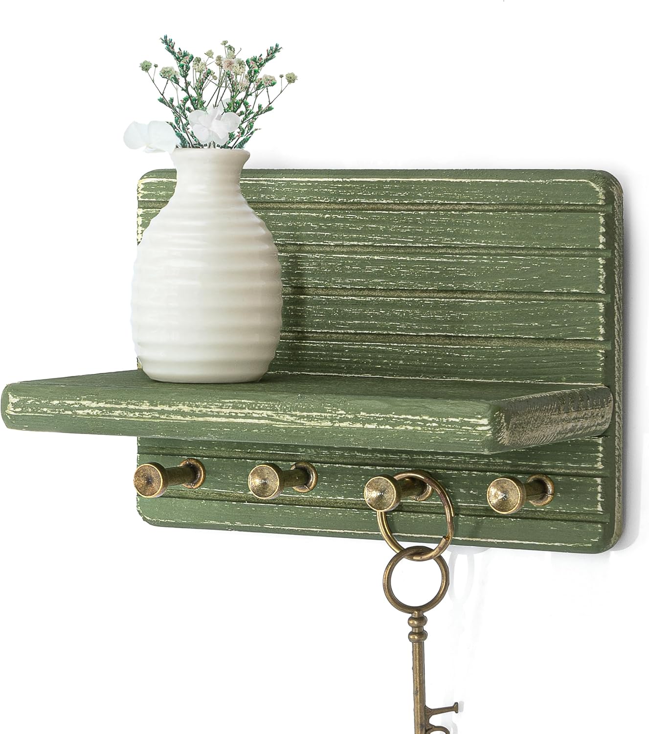 Rebee Vision Farmhouse Key Holder Wall Mount for Home Decor – Decorative Pine Wooden Key Holder for Wall with 6 Hooks & Floating Shelf - Rustic Charm for Room Decor Aesthetic (Brown)