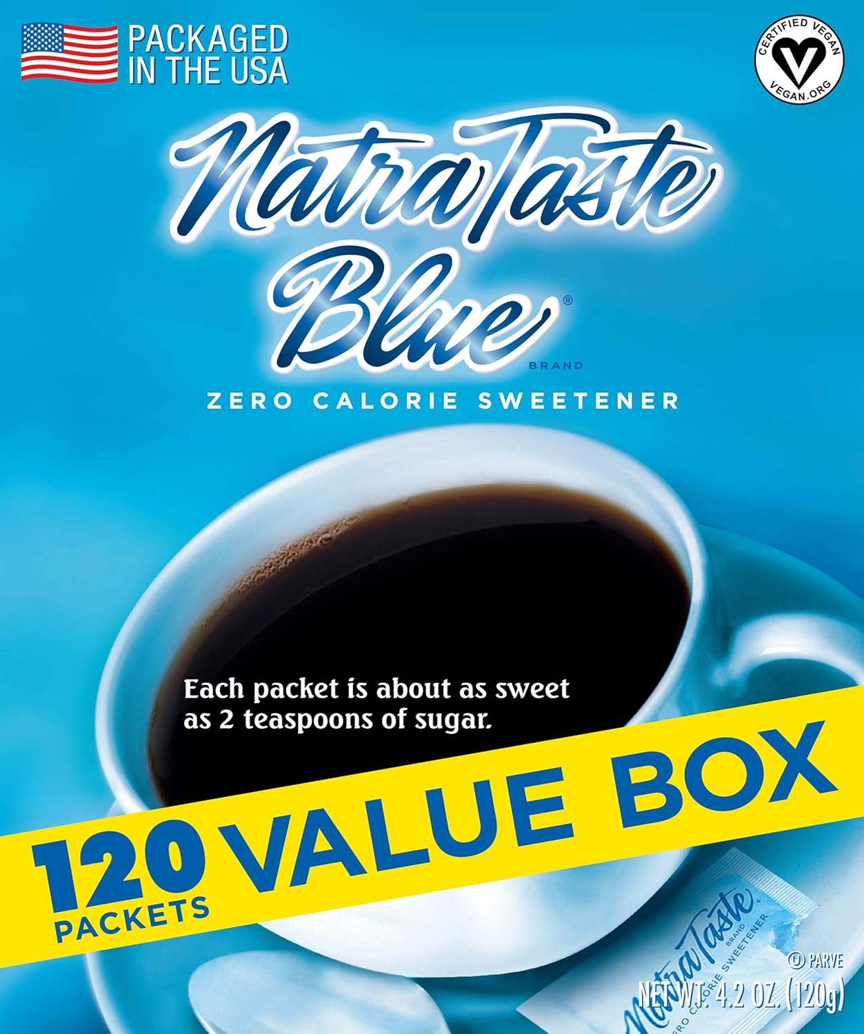 NatraTaste Blue Zero Calorie Sweetener, Bulk Sugar Substitute for Coffee, Iced Tea, Lemonade, Hot & Cold Drinks, Baking, Cooking, Low Carb, Vegan, Sugar Alternative, 120 Packets Value Box (12 pack)