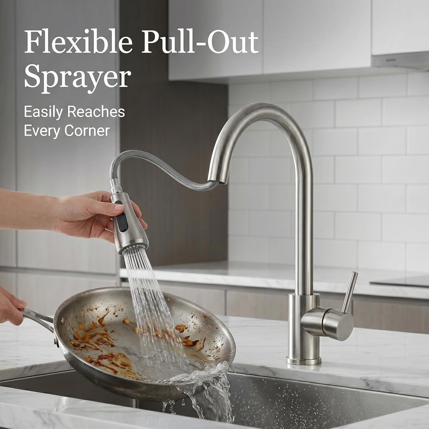 KINGO Kitchen Faucet, Brushed Nickel Kitchen Faucets with Pull Down Sprayer, High Arc Single Handle Stainless Steel Sink Faucets 1 or 3 Hole, Kitchen Sink Faucets for Farmhouse Camper Laundry Rv Bar