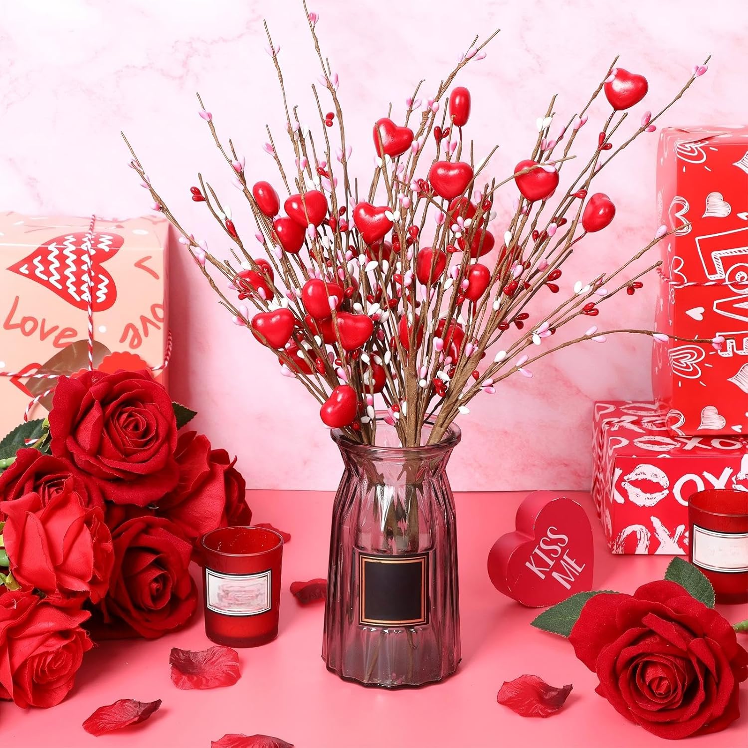 Lyrow 24 Pcs Valentine's Day Artificial Berry Flower Stems Heart Shape Floral Picks Sprays Branches for Spring Mother's Day Xmas Bridal Wedding Decoration Table Decor Vase Filler(Red)