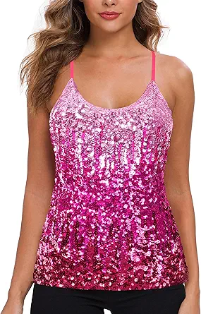 MANER Womens Sequin Tops Glitter Party Strappy Tank Top Sparkle Cami