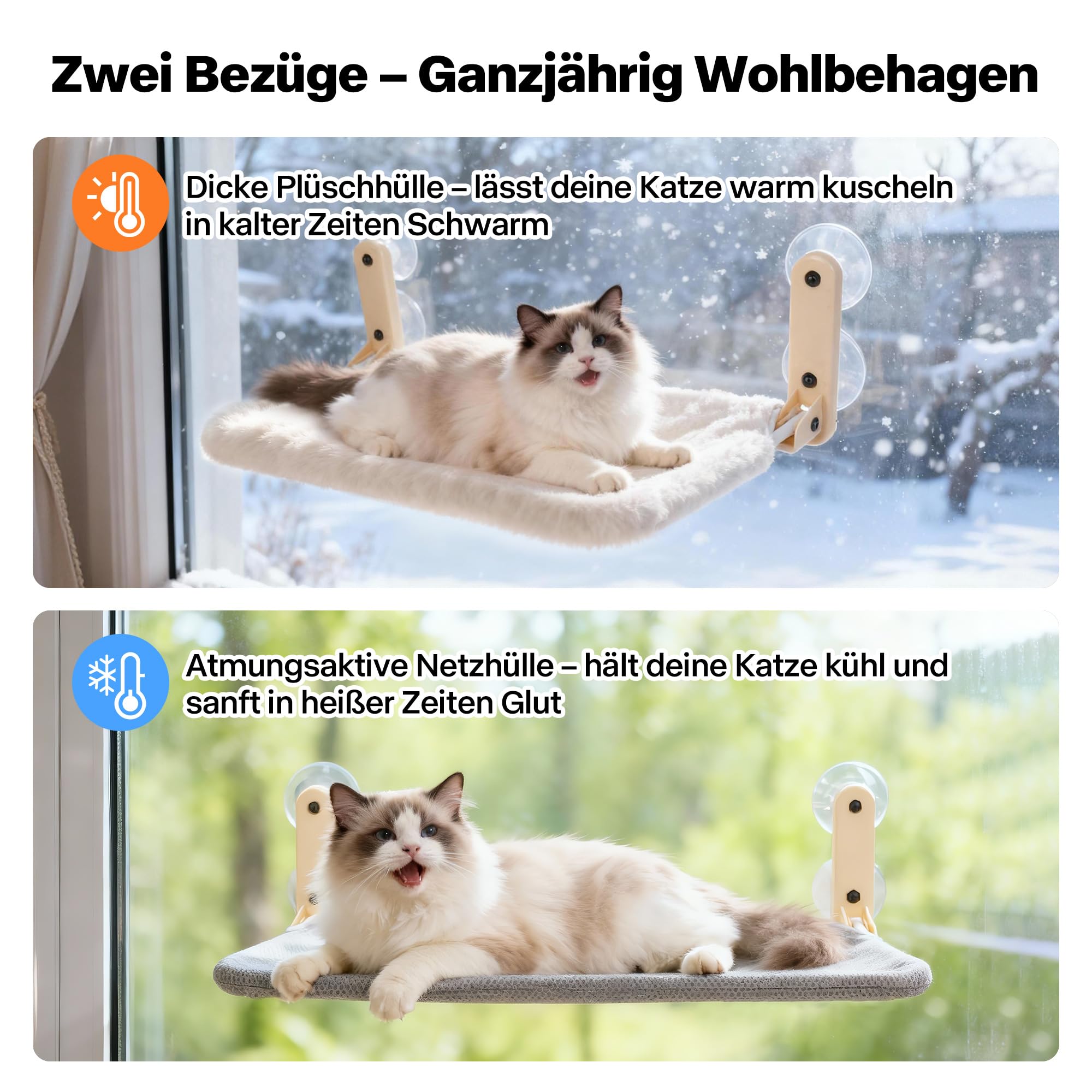 Pet Prime Faltbare Katzenhängematte, Fensterliege für Katzen, Fensterliege mit 2 Bezügen ideal für ganzen Jahr, Katzen Sitzpaltz mit starken Saugnapf, hält bis zu 20kg, für Glatte Oberflächen - Groß