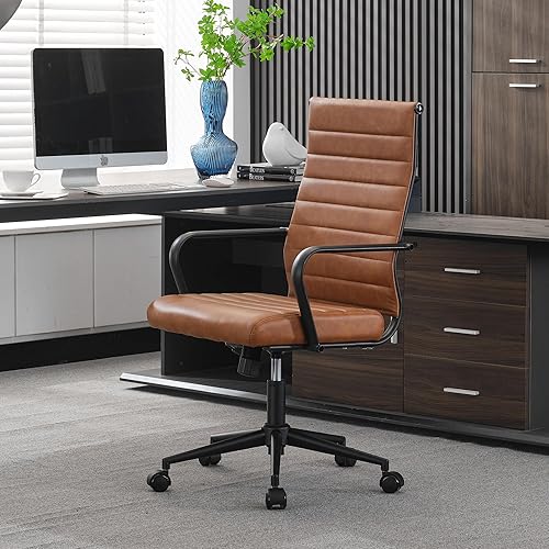 Vista 10 de Okeysen Silla de escritorio de oficina de cuero, sillas de sala de conferencias, silla ejecutiva acanalada, silla giratoria ergonómica de altura