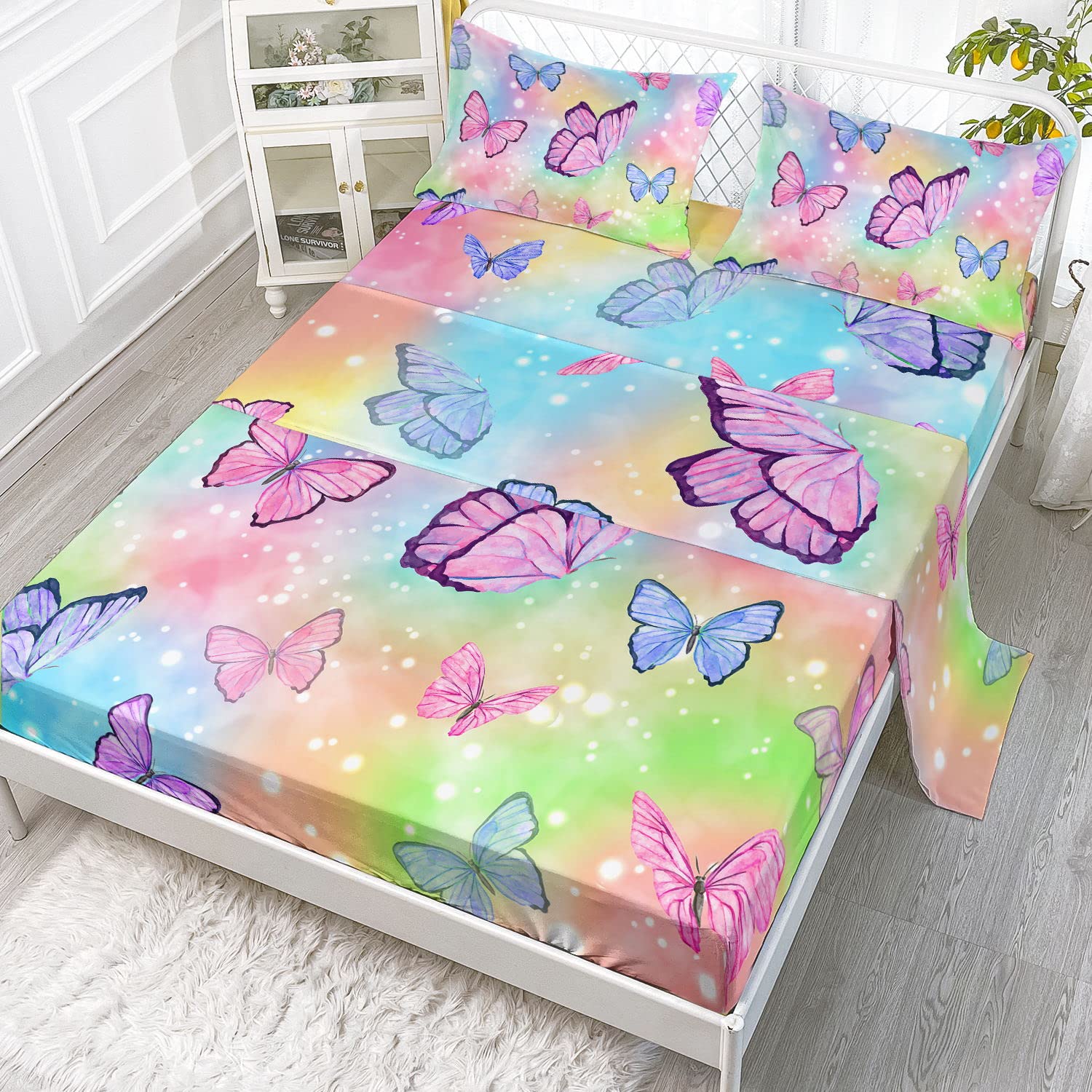 Drap-housse papillon arc-en-ciel pour transformer la chambre de fille