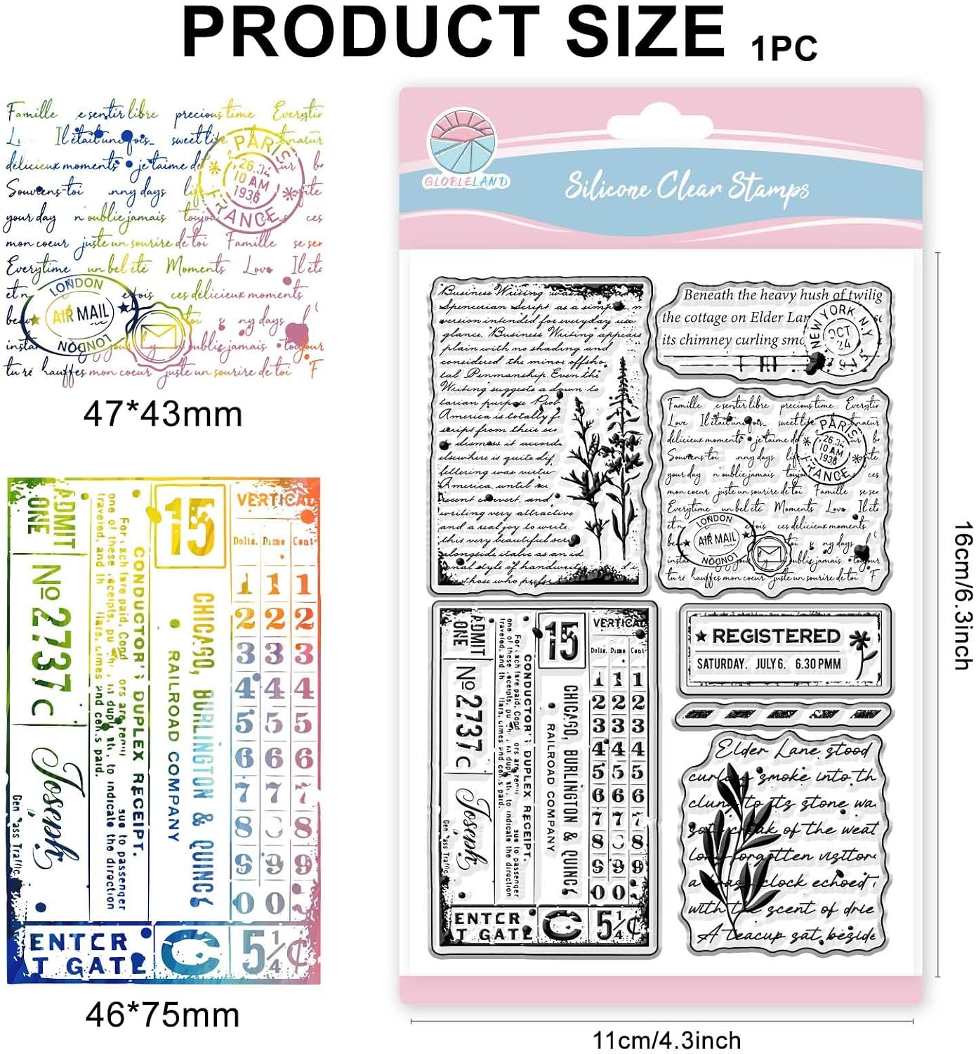 GLOBLELAND Vintage Background Clear Stamp for Scrapbooking Text Texture Silicone Stamps Retro Plants Transparent Stamp for Card Making DIY Embossing Journaling