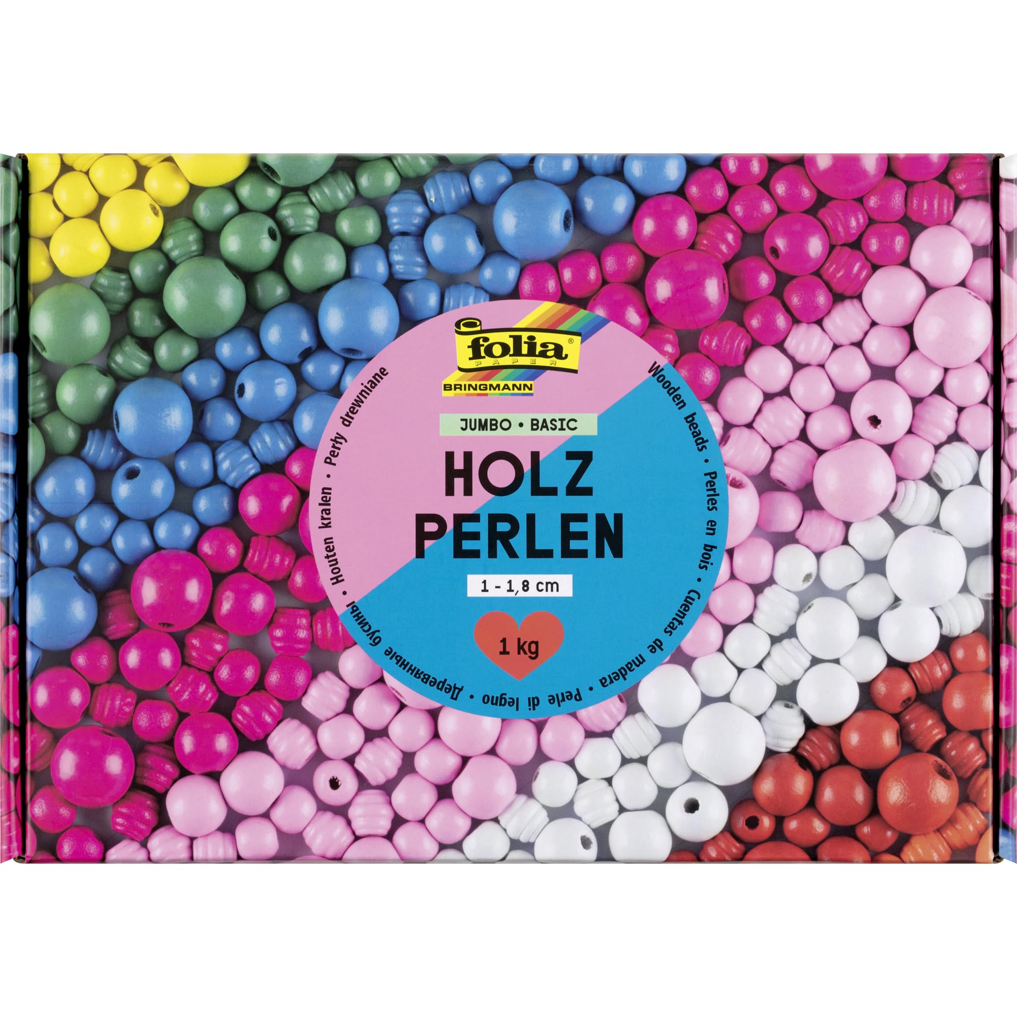 folia Jumbo Basic 22992 22992 Wooden Beads 1 kg Craft Beads Made of Wood in 7 Colours, Approx. 2000 Wooden Balls with Diameter 1-1.8 cm, Multi-Coloured