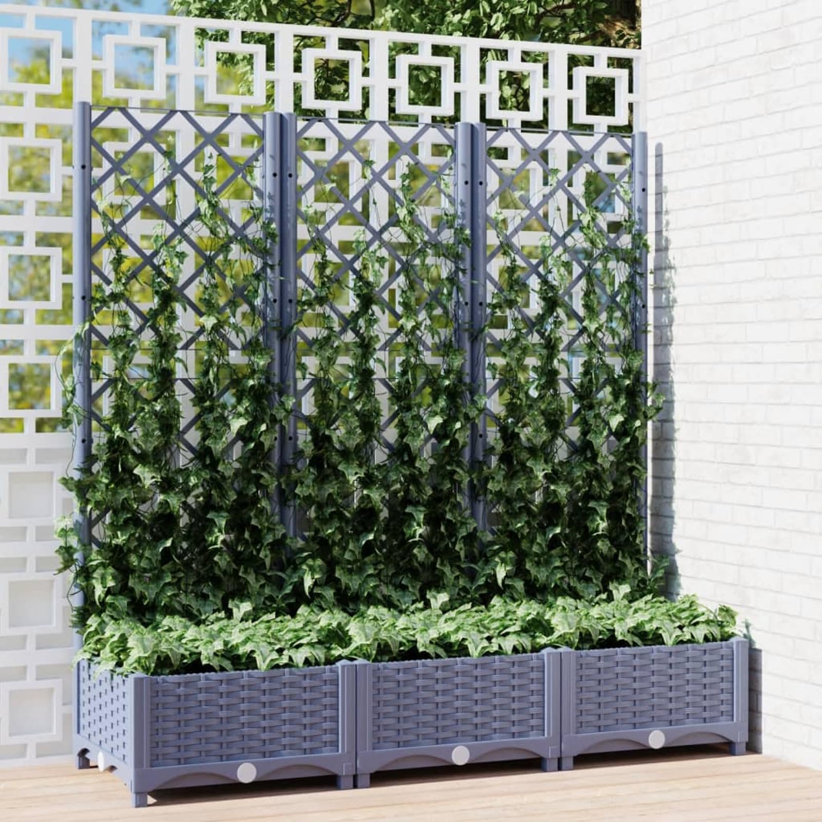 IKAYAA Jardinera con Enrejado PP Jardinera con Celosía Gris Oscuro Macetero con Soporte para Flores Plantas en Exterior Terraza Jardín Balcón 120 x 40 x 121.5 cm