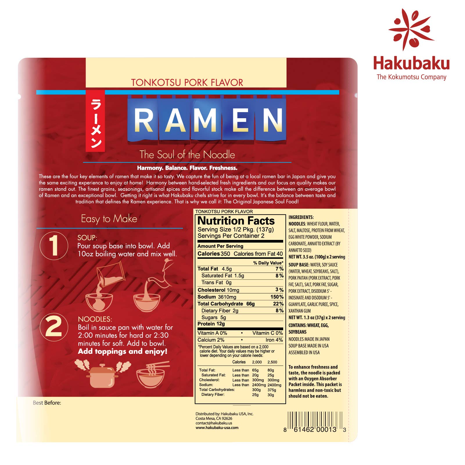 Hakubaku Fresh Ramen Tonkotsu Pork Flavor, 9.7 ounce (2 serve x 6 pack