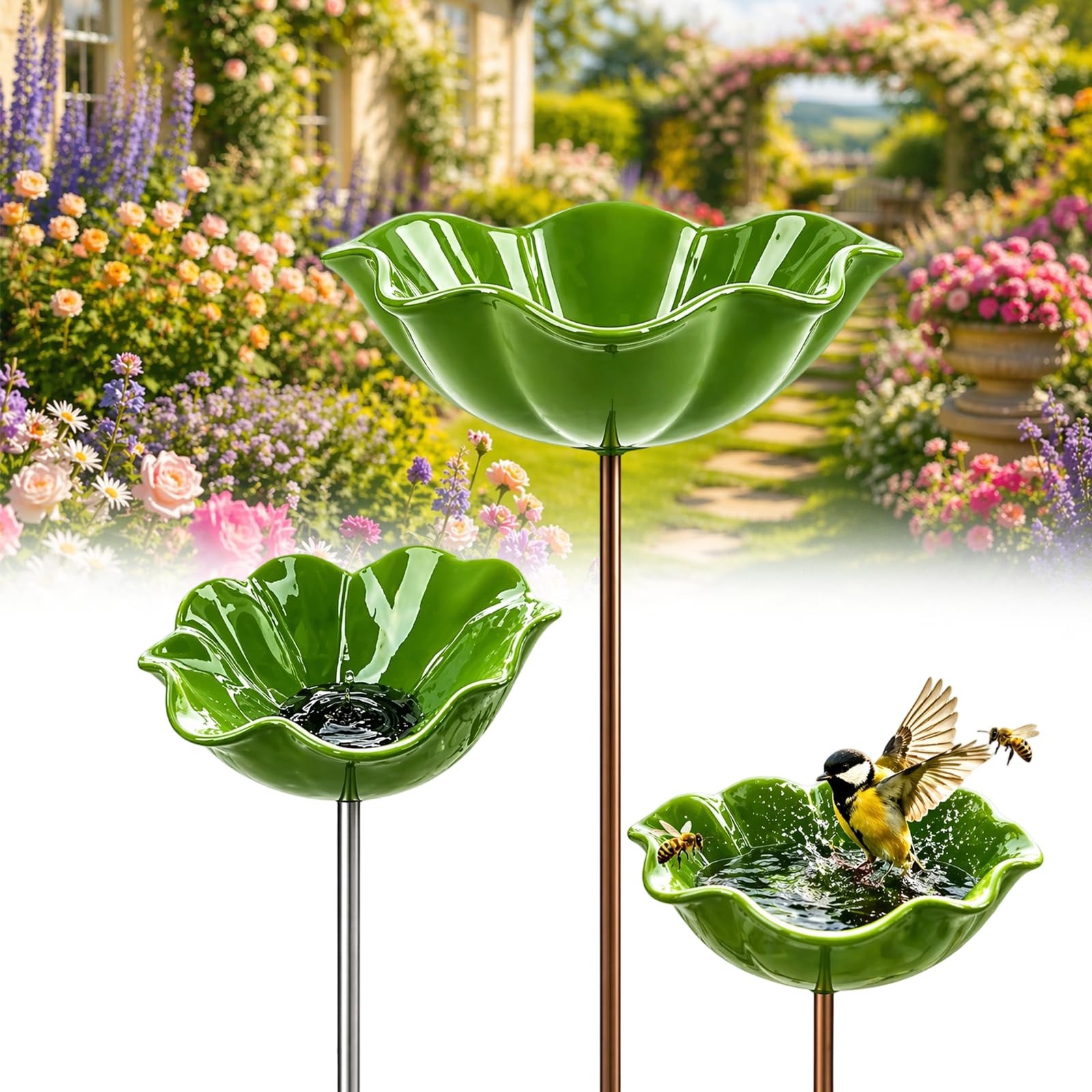 Handmade Metal Flower Garden Stake Bird Bath Bowl - Weather-Resistant Bee Watering Station & Flower Bird Feeder, Decorative Outdoor Metal Flowers for Yard Lawn Patio Decor (Green)