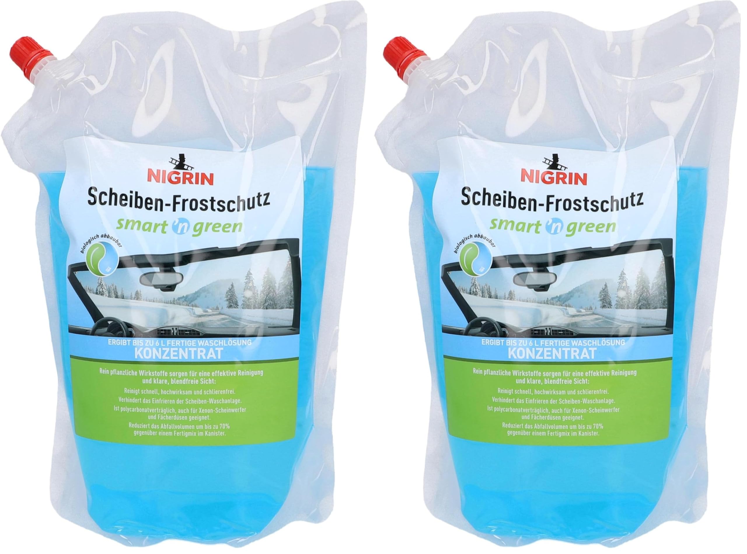 NIGRIN Smart 'n green Scheibenfrostschutz Konzentrat | 2 Liter | Reinigungszusatz für Autoscheiben und Scheinwerfer | wirksam bis -52 °C | schlierenfrei | biologisch abbaubar | frischer Duft