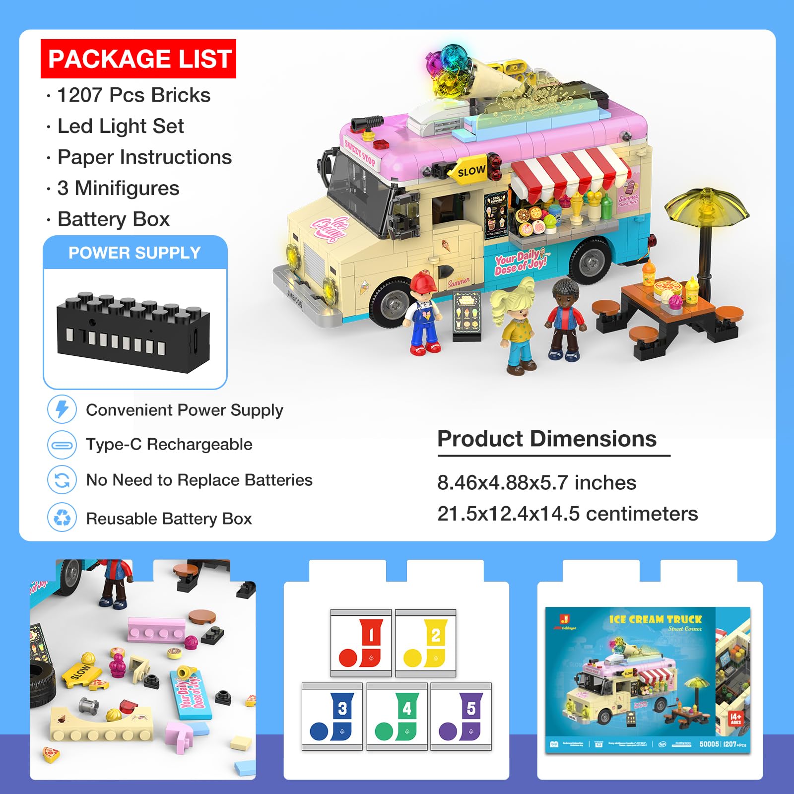 JMBricklayer City Eiswagen Klemmbausteine mit Licht, Truck Fahrzeug Bauset Modellauto mit 3 Mini-Figuren, Rollenspiel Essen Imbisswagen Sammel Spielzeug Geschenk für Mädchen Erwachsene ab 14 Jahren