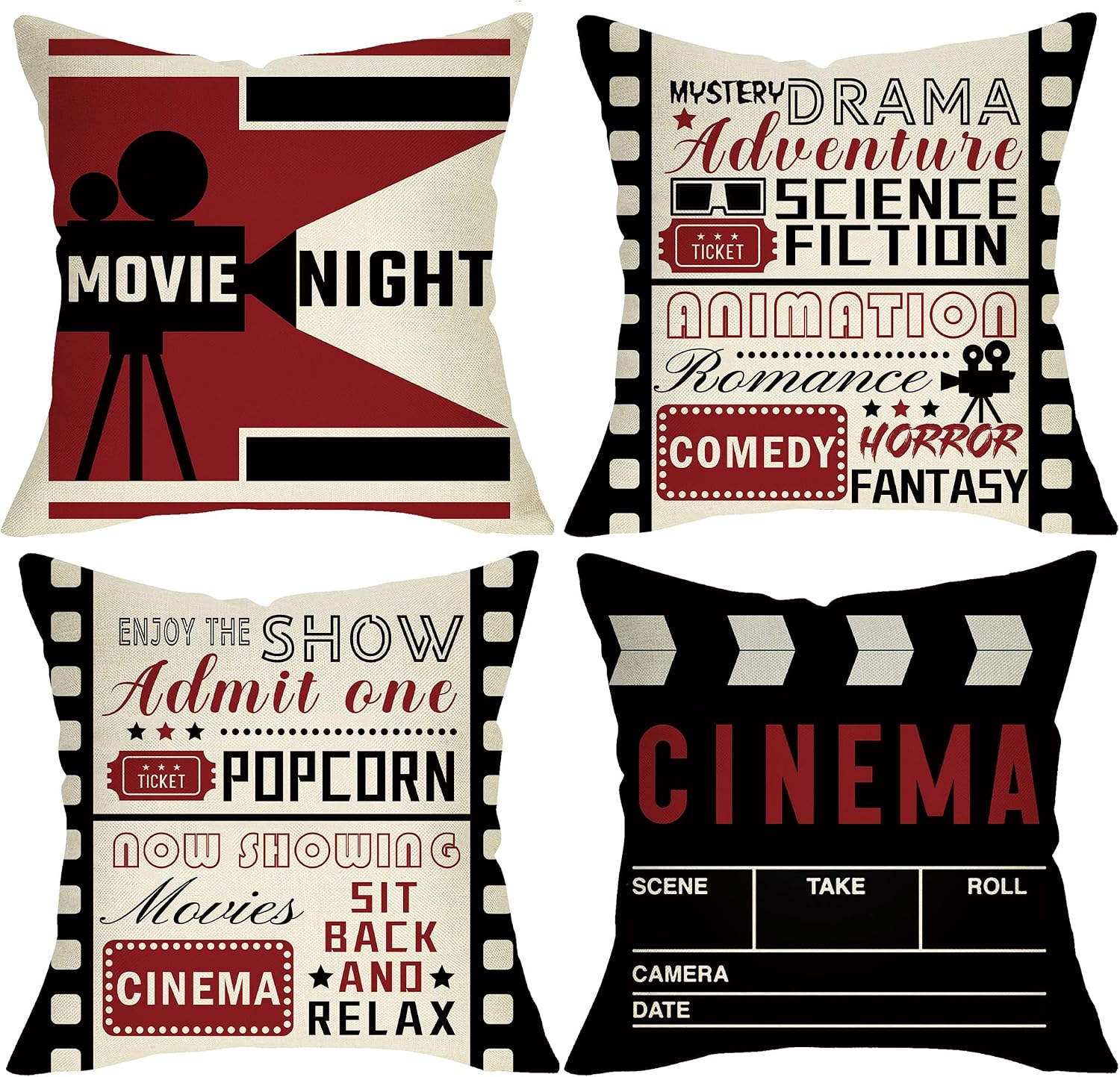 Vintage Movie Night Decorative Throw Pillow Covers 16 x 16 Set of 4