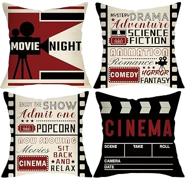 Vintage Movie Night Decorative Throw Pillow Covers 18 x 18 Set of 4 | Retro Cinema Filmstrip Film Clapper Board Porch Outdoor Home Decor, Theater Ticket Sofa Couch Cushion Case Movie Lover Gift