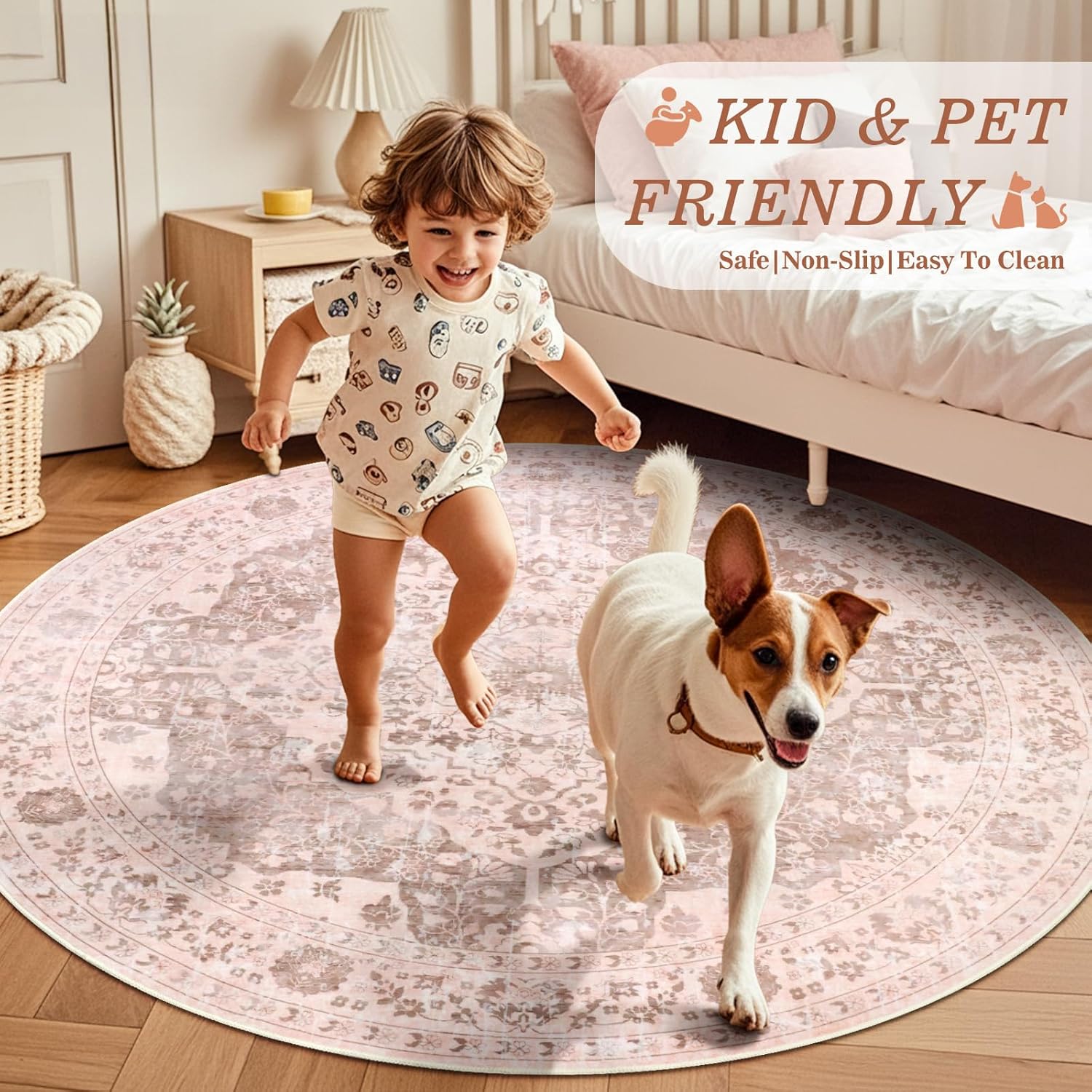 nesrt Boho Washable Round Rugs 6ft for for Living Room, Soft Non-Slip Circle Kids Bedroom Rugs, Faux Wool Low Pile Printed Kids Nursery Area Floor Carpets for Dining Room Doorway Playroom (Pink)