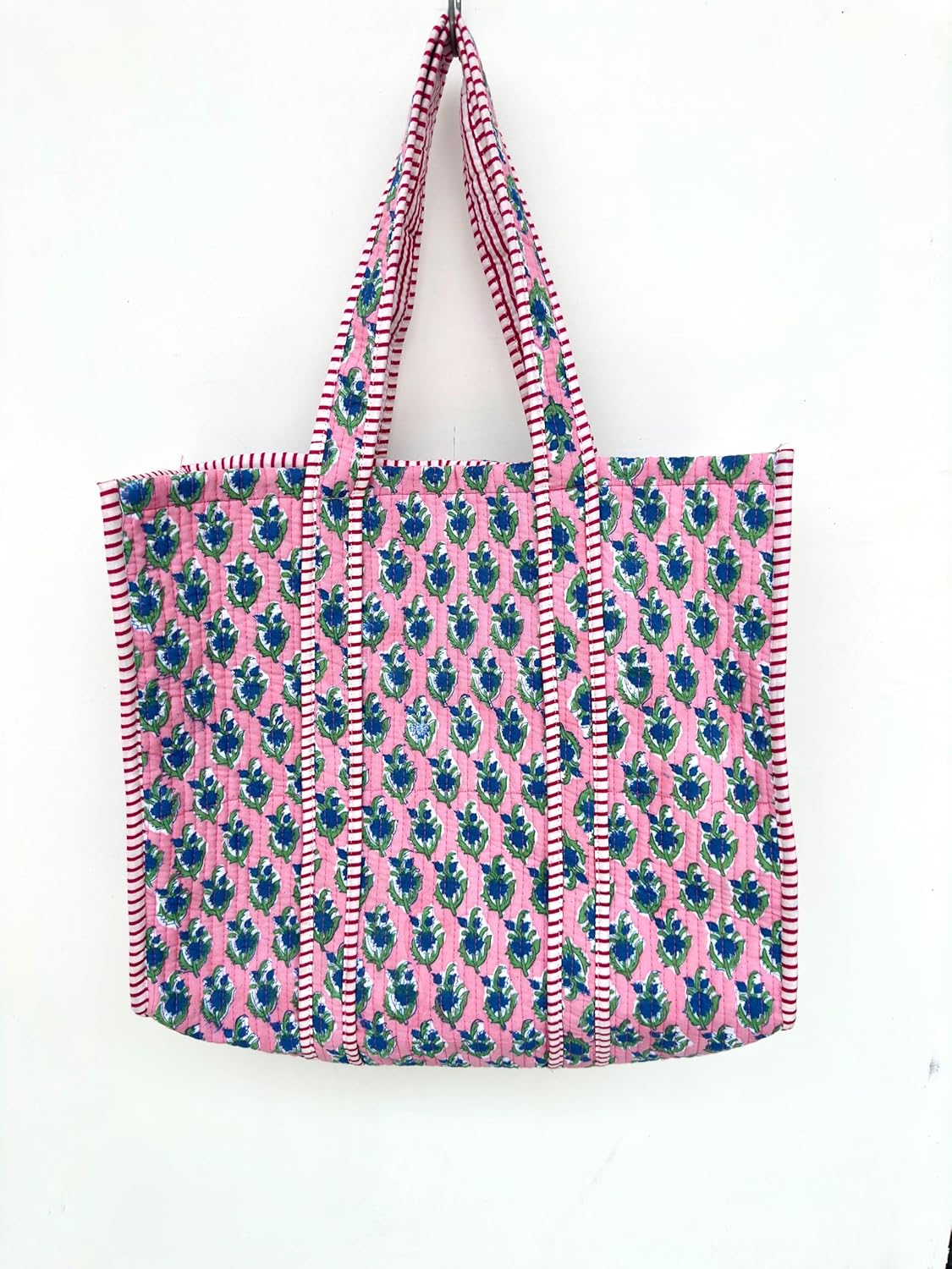 Quilted Cotton Handprinted Reversible Large multicolor Floral Tote Bag,Hand Block Print Shopping Shoulder Carry Bag - Image 6