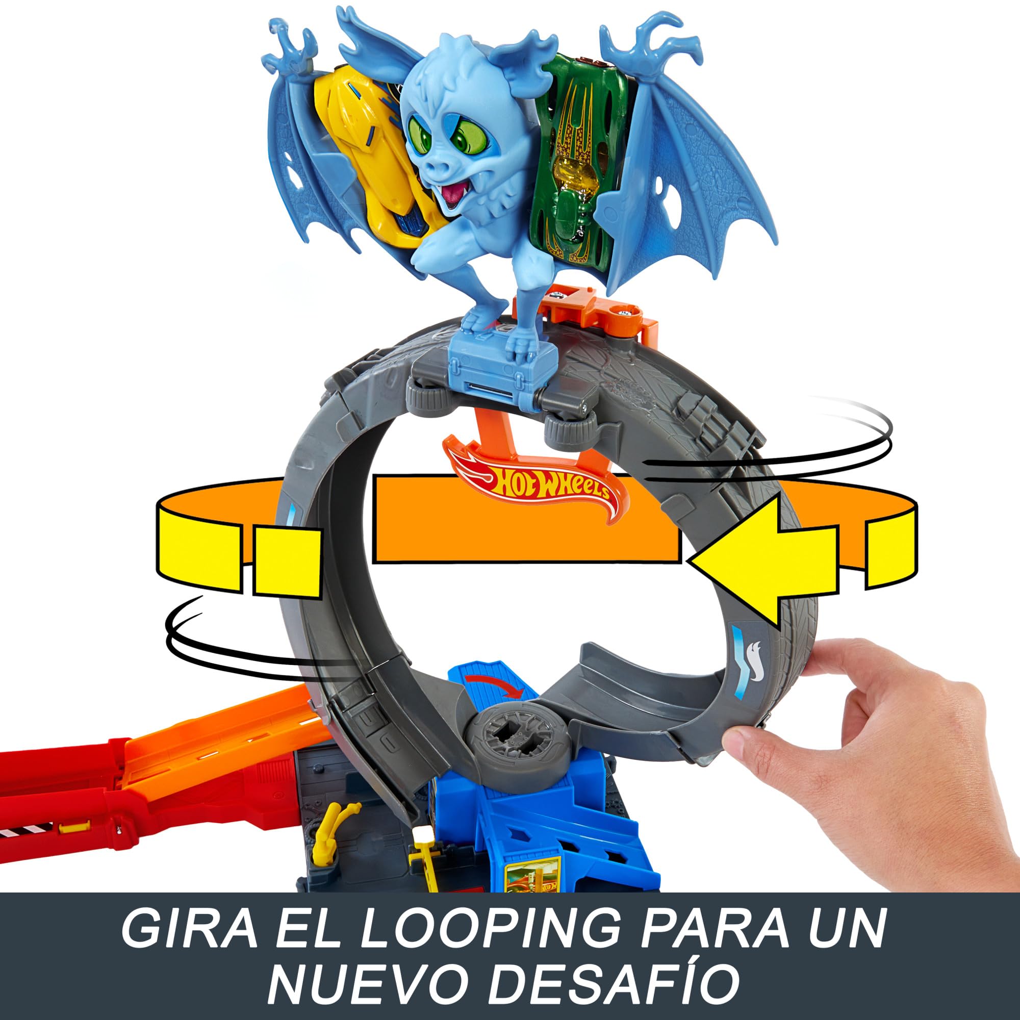Hot Wheels City “Let's Race - ¡a Correr!” Netflix - Ataque del murciélago Tienda de neumáticos Pista para Coches de Juguete con Lanzador y looping Ajustable, Incluye 1 vehículo, +4 años (HTN78)