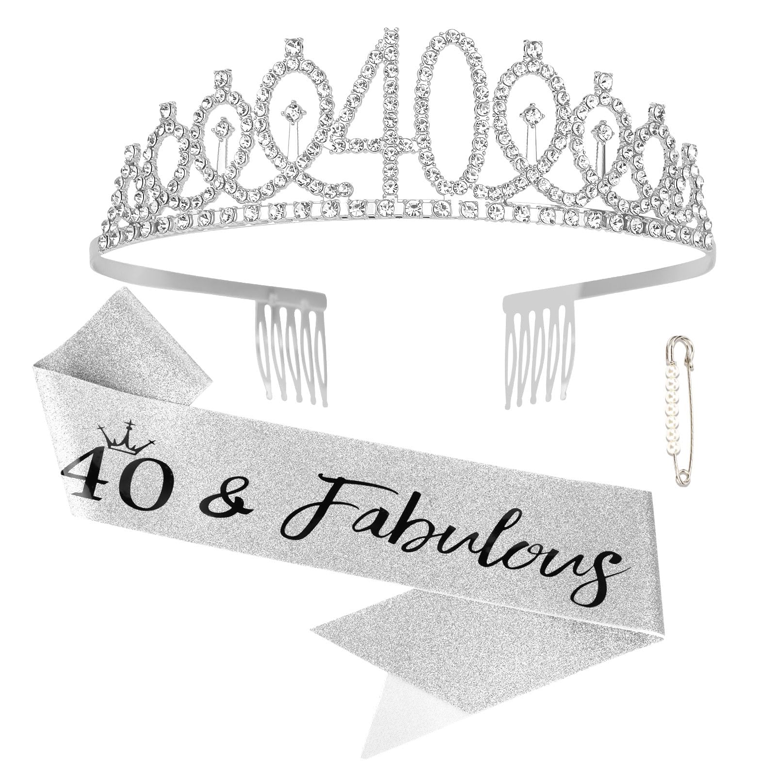KIUEZIR 40th Birthday Tiara & Sash Set - Silver Rhinestone Crown with Comb & Adjustable Glitter Sash, 40&Fabulous Party Accessories for Women Birthdays/Anniversaries/Celebrations & Photo-Ready Gift