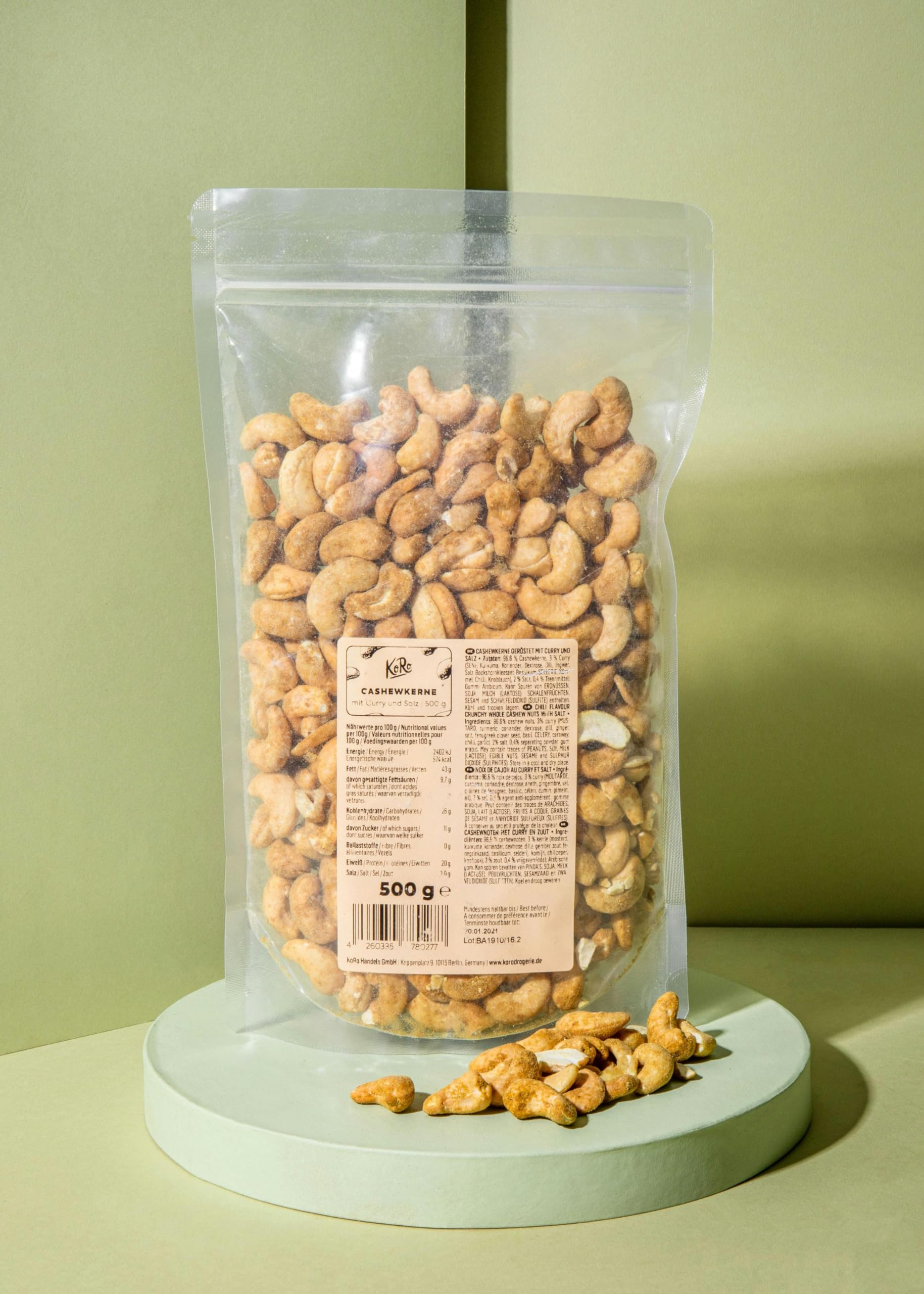 KoRo - Anacardi con Curry senza esaltatore di sapidità 500 g - Snack a base di anacardi raffinato con spezie