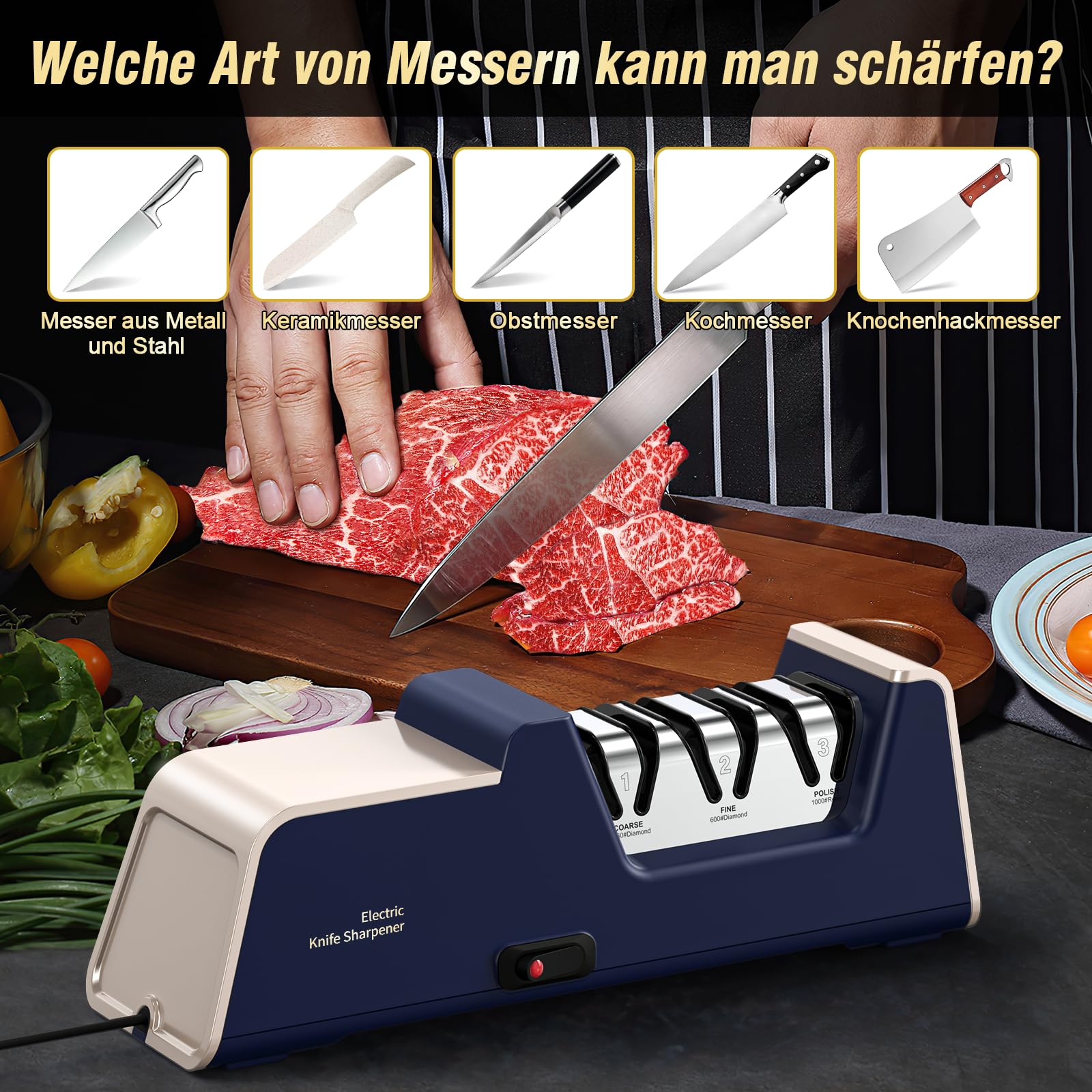 Professioneller Elektrischer Messerschärfer mit Diamant-Schleifmitteln und Präzisionswinkelführungen für Gerade Kanten und Keramikmesser, Blau