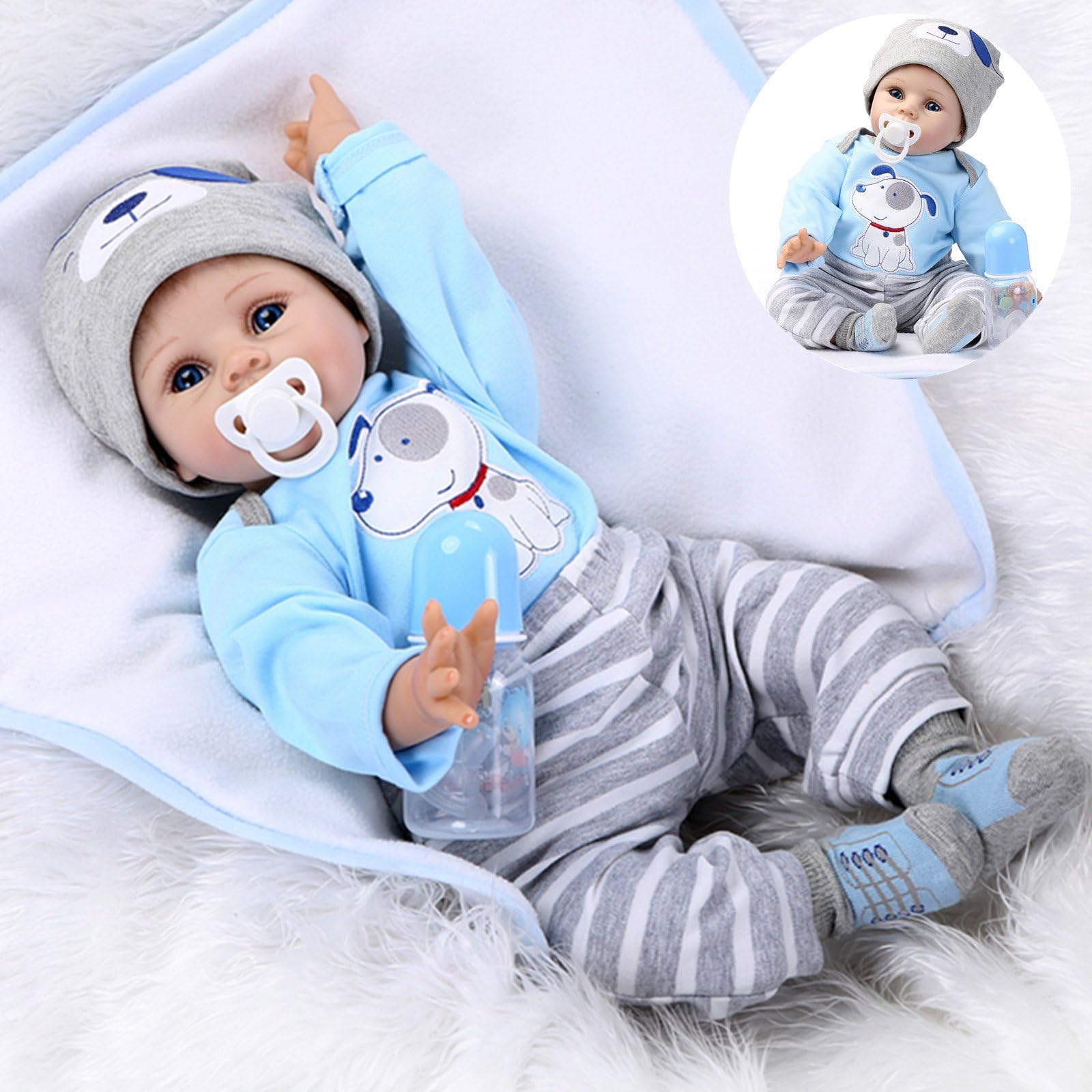 Realistic Reborn Baby Dolls Boy Lifelike Silicone Vinyl 22 Inches 55 cm Weighted Body Wearing Toy Blue Dog Cute Doll Eyes Open Gift Set