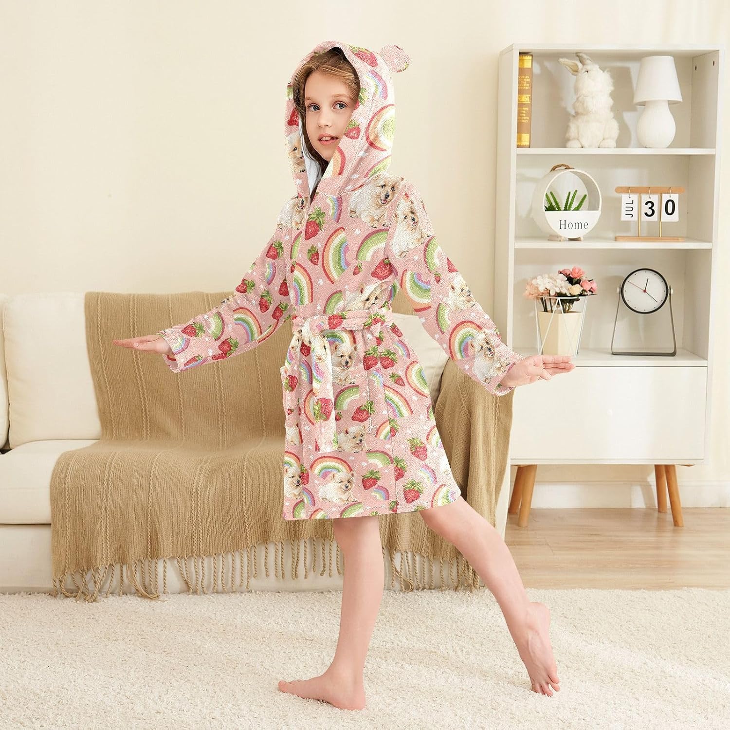 senya Strawberry Puppy Rainbow Toddler Hooded Bathrobe Kids Soft Plush Bath Towel Robes for Boys Girls 2-12 Years