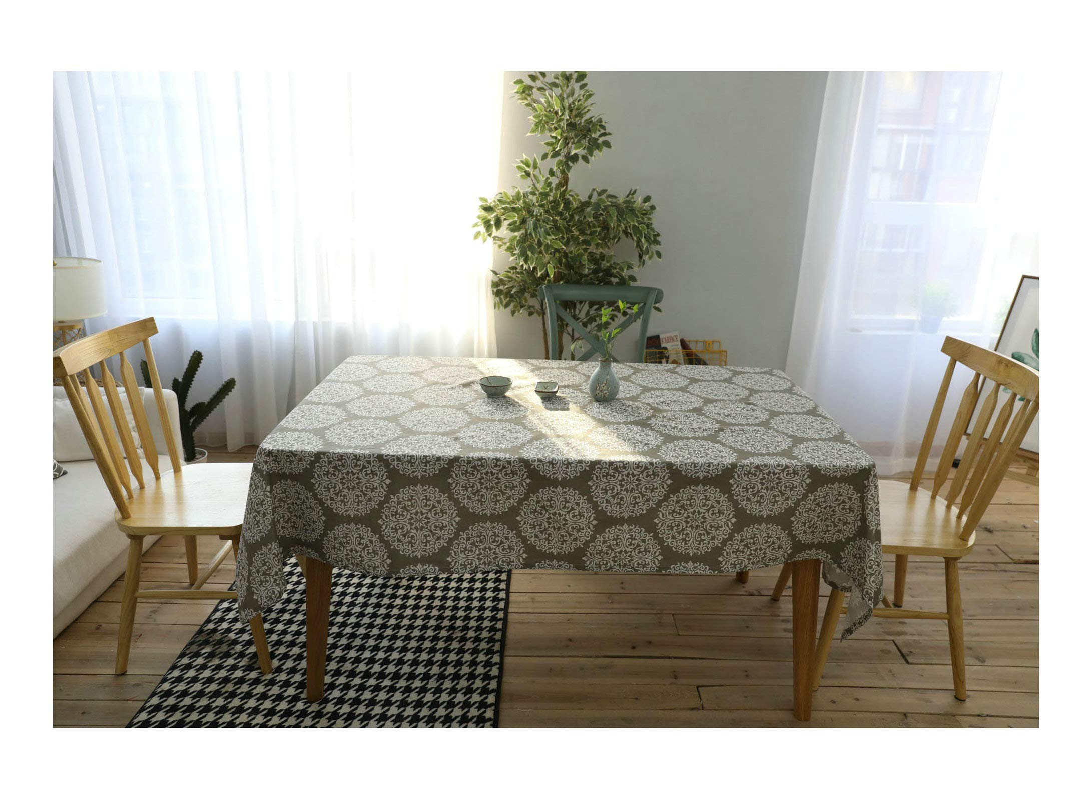 Nappe Motif Floral Vintage 140x140 Gris en Lin pour Table et Pique-Nique Chic