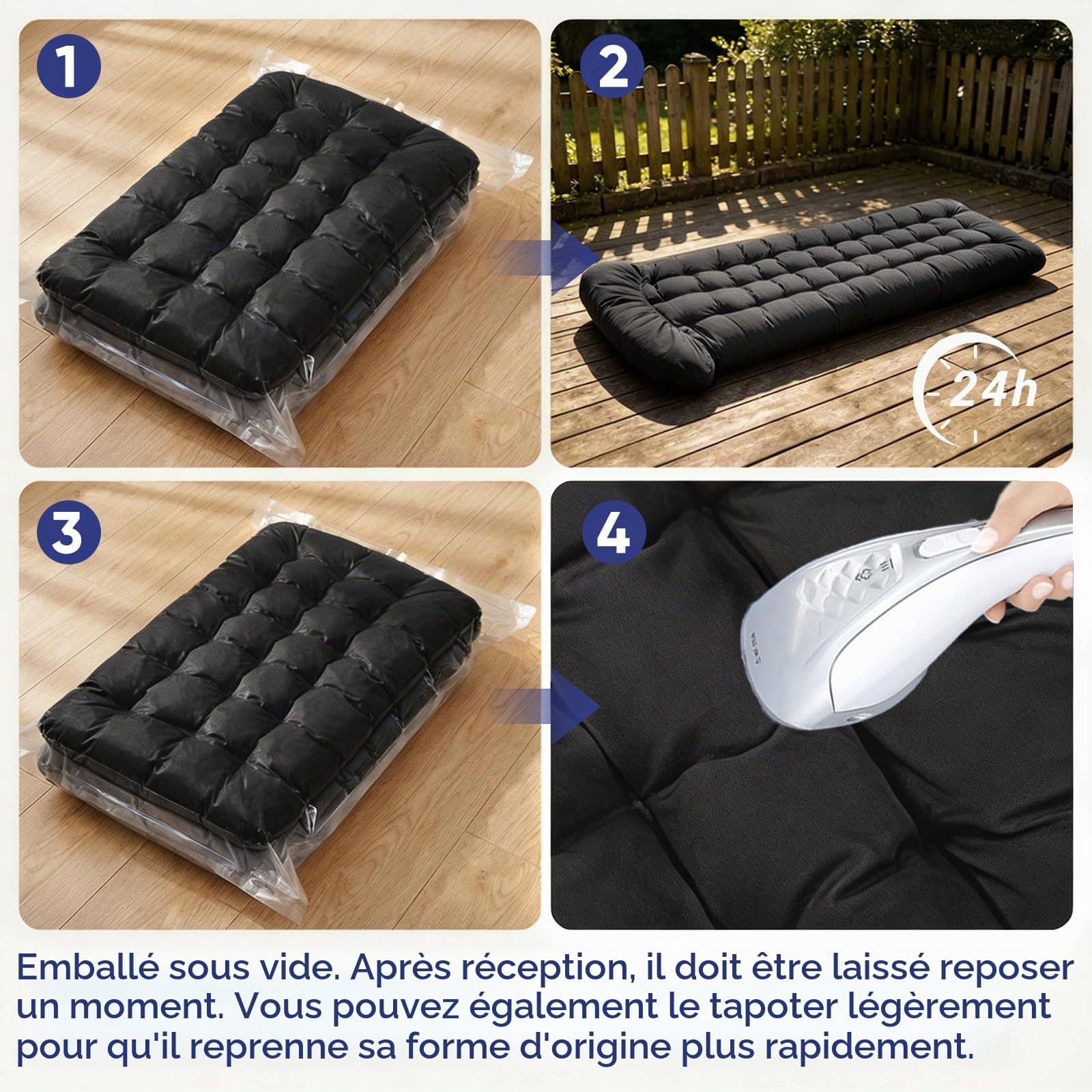 Coussin pour chaise longue - 170 x 53 x 8 cm - Épaisseur : 170 x 53 x 8 cm - Pour chaise longue - Avec cravate - Pour vacances, intérieur et extérieur - Noir