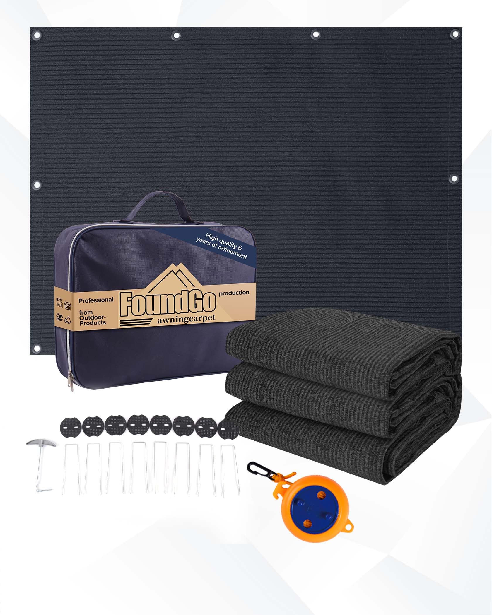 FoundGo Awning Carpet with Eyelets [280g/m² HDPE] 250x300cm Outdoor Camping Carpet Breathable Awning Flooring including Carrying Bag 8x pegs & Clothesline Anthracite