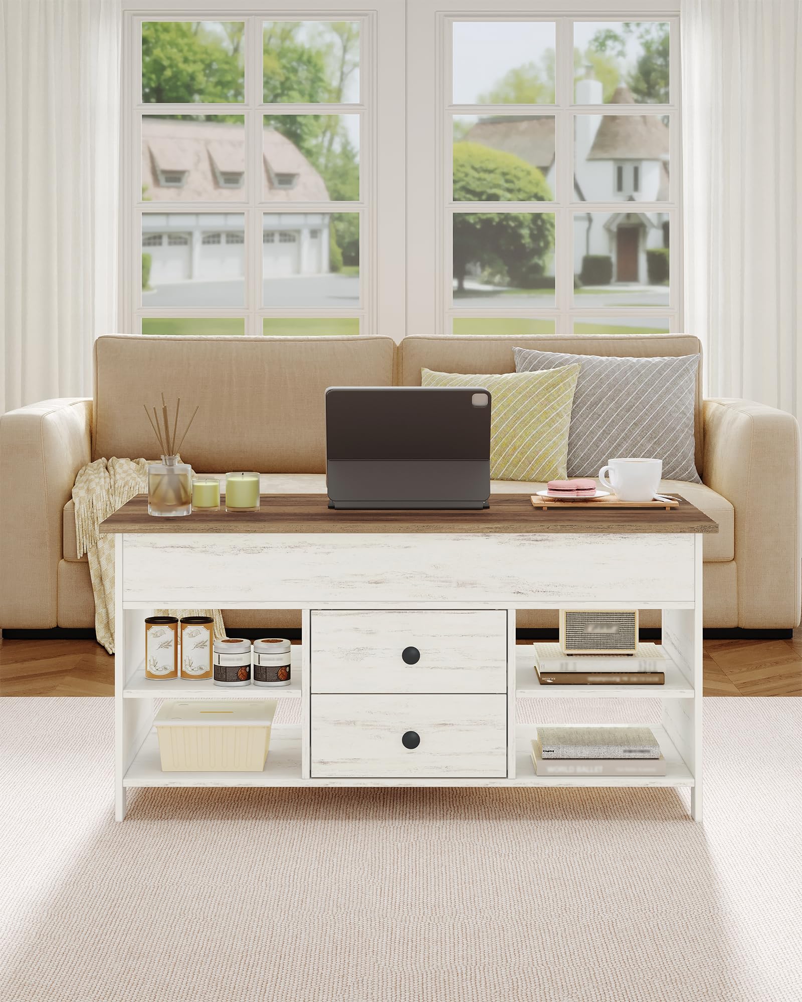 Hzuaneri Mesa de Centro Elevable, Mesa de Salón con 2 Cajones, 3 Compartimentos Ocultos, 4 Compartimentos Abierto, 50 x 100 x 45-61,3 cm, Blanco-Marrón CT22114B