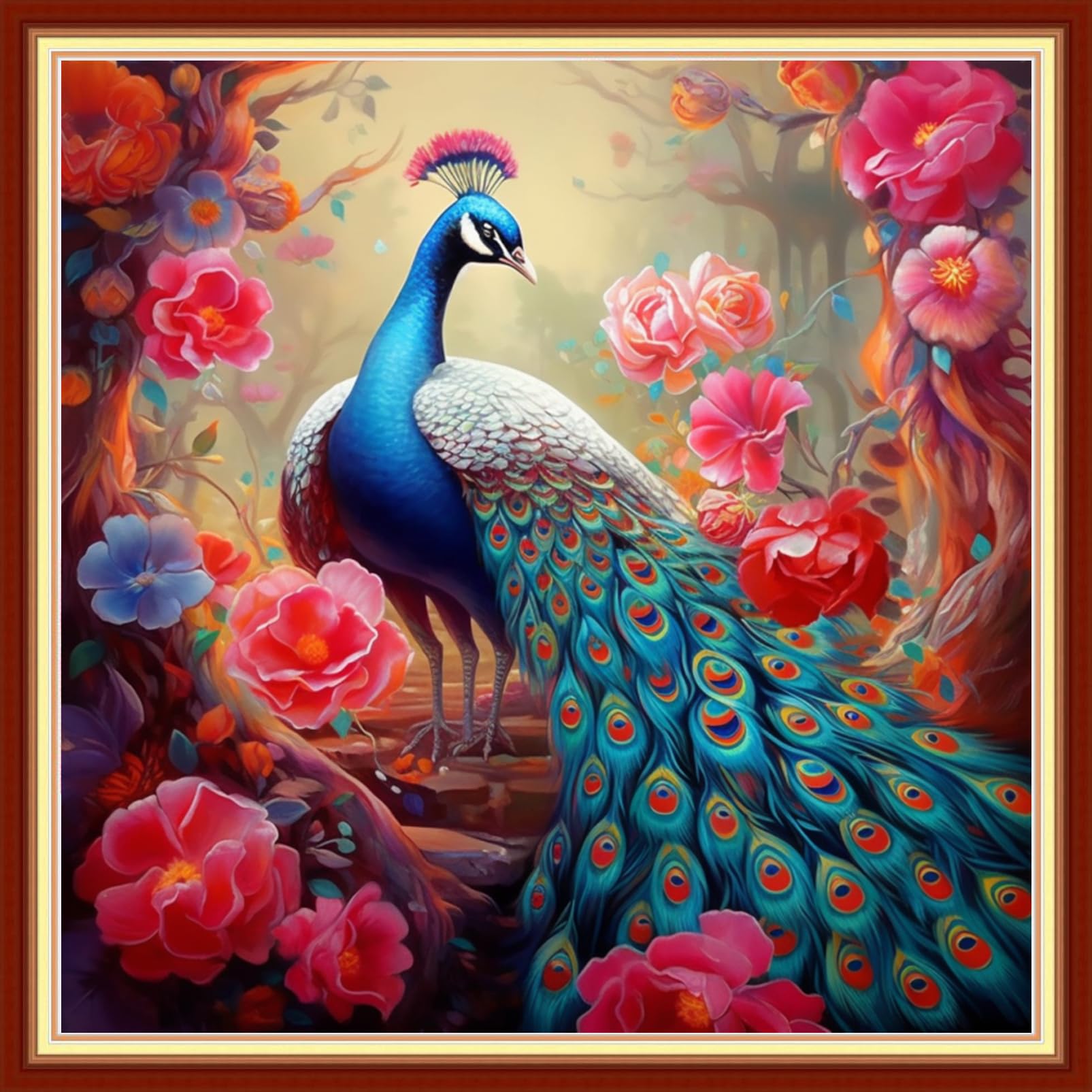 DMCVIVR Stamped Cross Stitch Kits for Beginners Adults Needlepoint Kits for Beginners Embroidery Kits for Adults Crossstitch Kit for Beginners 11CT-Peacock Flowers 18x18 inch