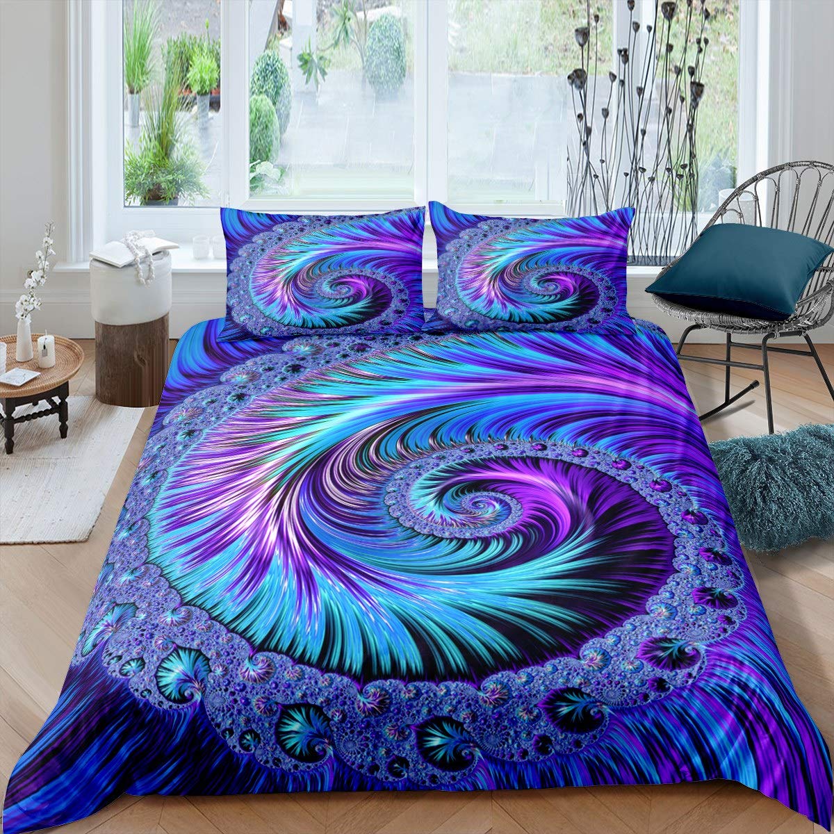 Loussiesd Psychedelic Swirl Duvet Cover Set for Kids Adults Fractal Art Comforter Cover Girls Abstract Artwork Bedding Set Circle Floral Purple Blue Bedroom Decor Bedcloths Double Size Zipper 3 Pcs — image 1