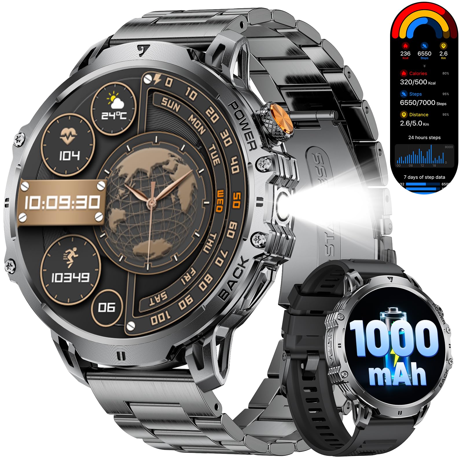 DREMAC Militär Smartwatch Herren-1.85'' HD Große Display/1000mAh Akku,Smartwatch mit 110+ Sportmodi/Taschenlampe/IP68 Wasserdicht,Fitnessuhr mit Puls/Schlafmonitor,Android iOS