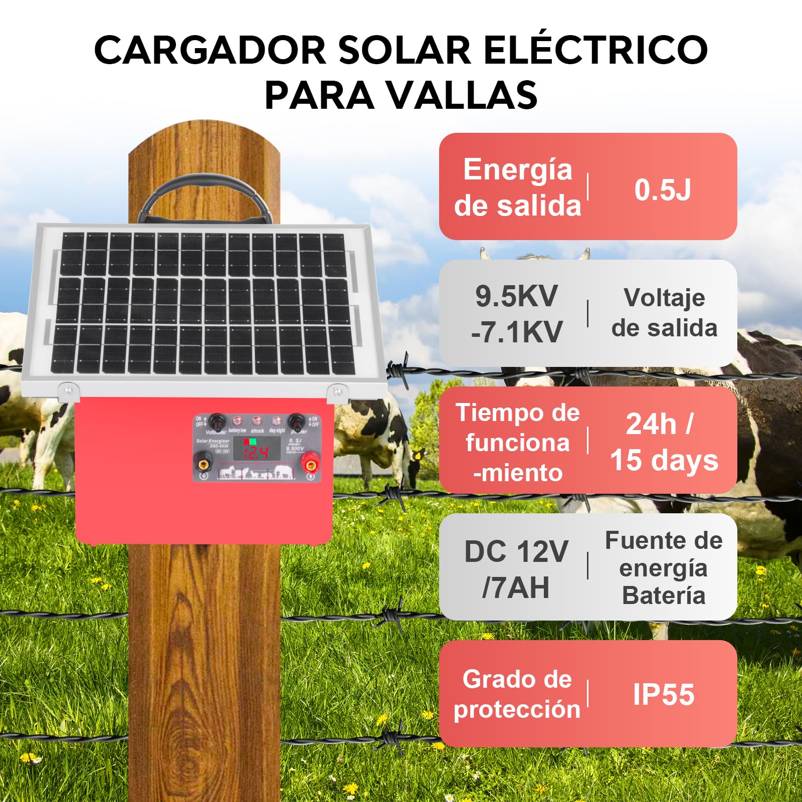 32KM cloture electrique solaire, 9,5 kV Berger électrique Contrôleur pour chevaux, 0,5 J Clôture électrique pour élevage d'animaux de berger, pour ferme, pâturage, jardin (Red)