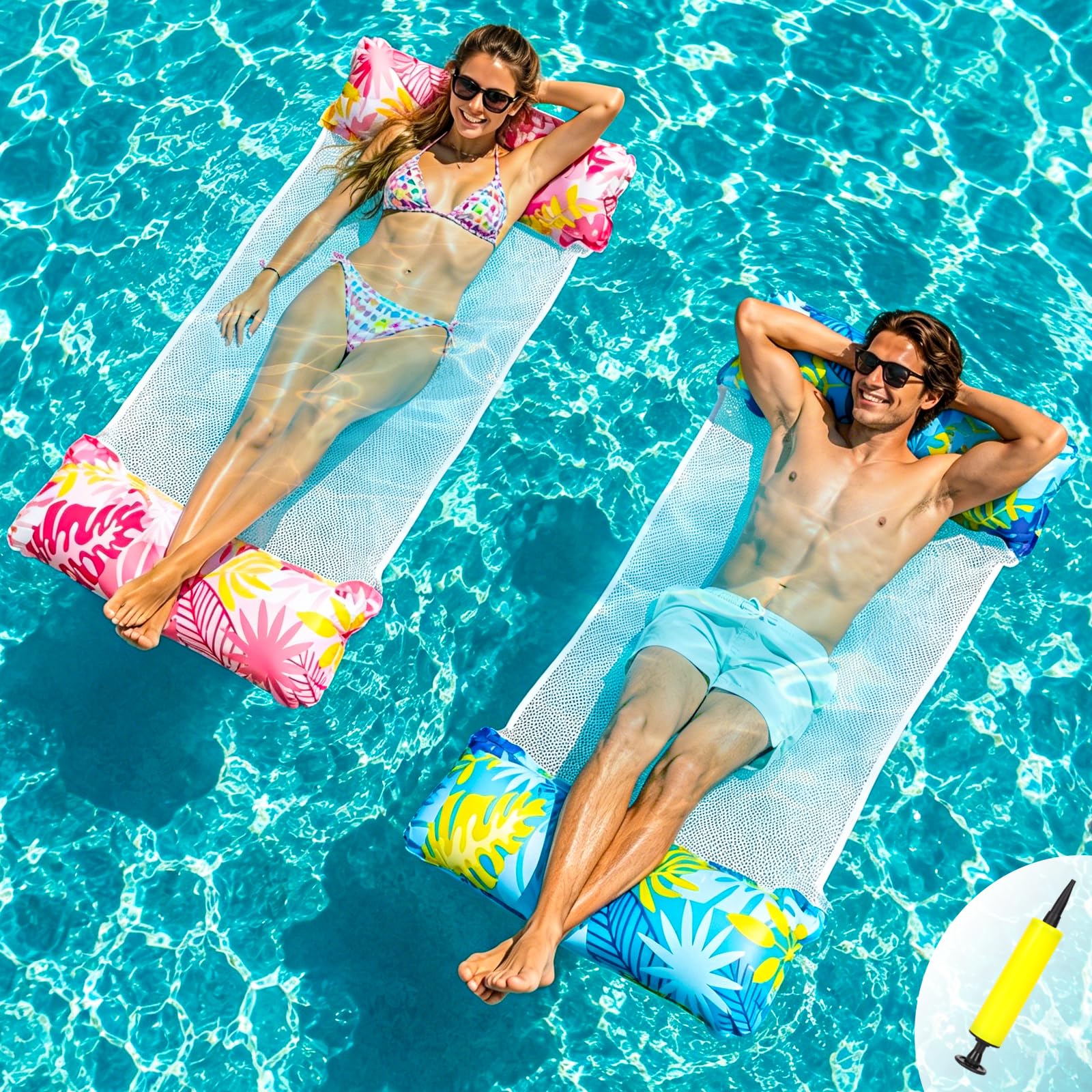 Pool Hammock Floats Adults 2 Pack, 4 IN 1 Multi-Purpose Inflatable Swimming Pool Floats Water Hammock, PVC Material Pool Toys, Inflatable Hammock Lounger Floaties with Air Pump (Blue+Red)