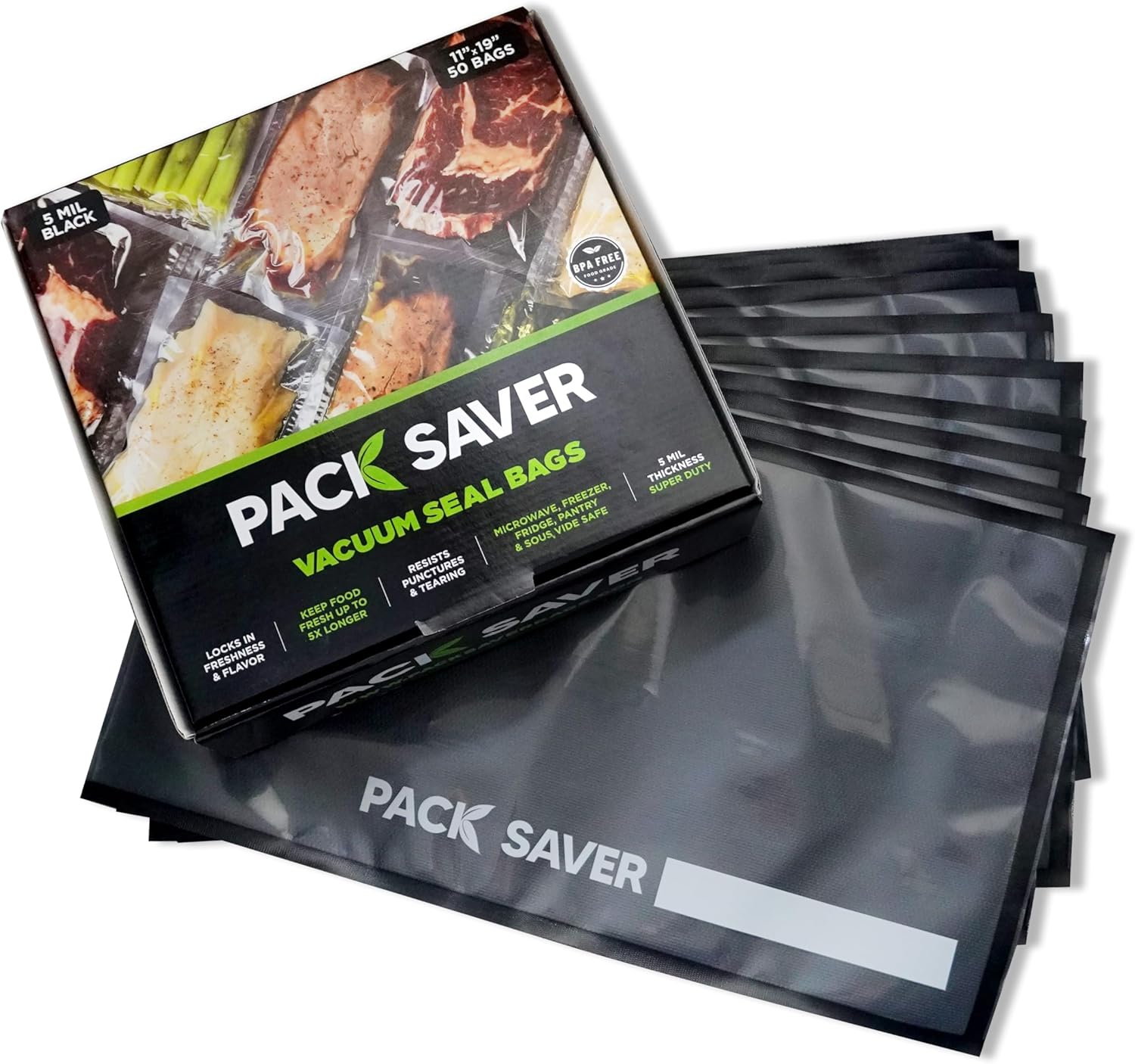 Vacuum Seal Bags 50 Commercial Grade PreCut Bags for Ultimate Food Preservation, Airtight Food Vac Bags for Storage, Meal Prep or Sous Vide, BPA Free, Black and Clear (11" x 19")
