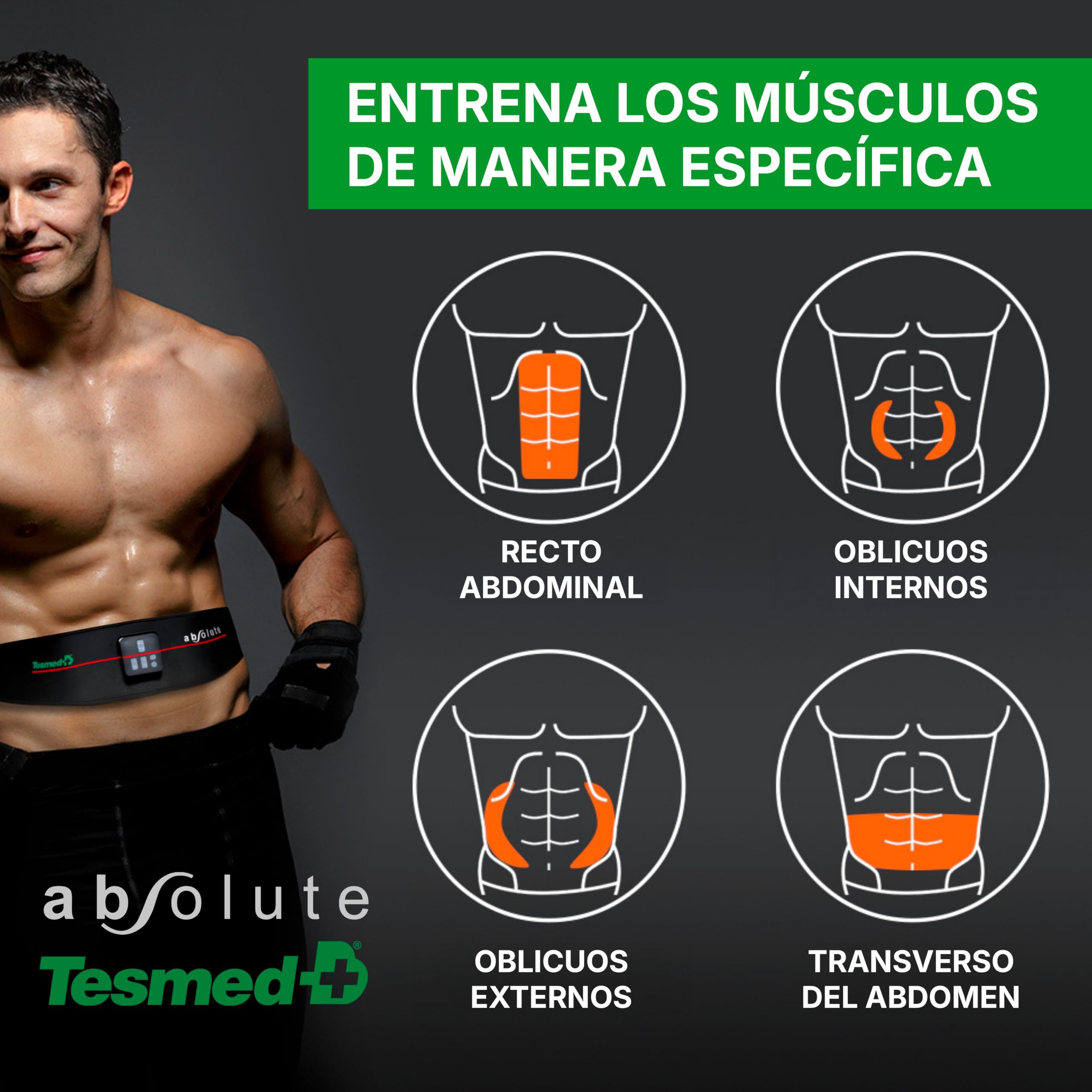 TESMED Absolute: Cinturón para Electroestimulación de Abdominales Centrales y Laterales - Recargable por USB, 99 Intensidades - Inalámbrico, Unisex