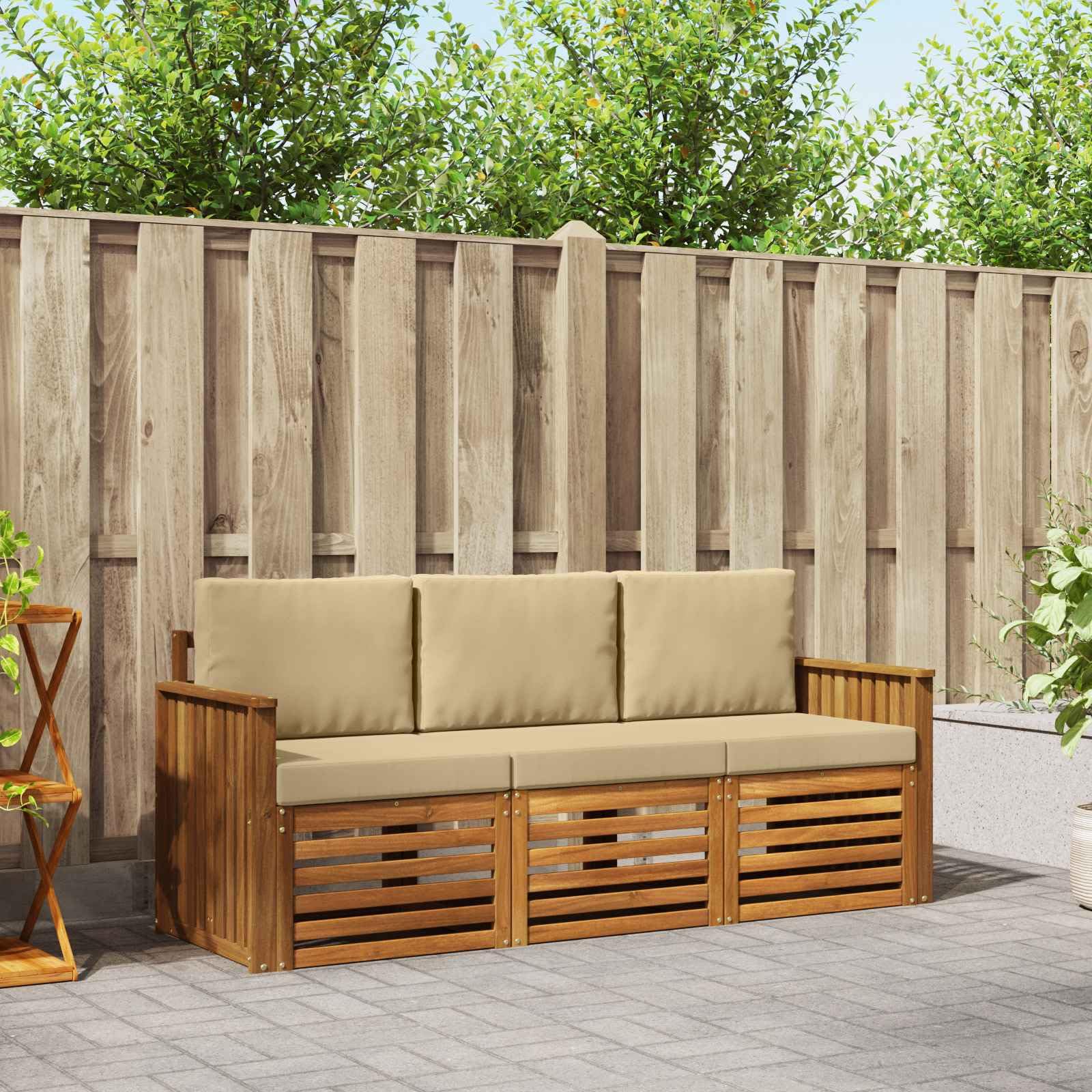 Juego de sofás 3 Piezas Madera de Acacia sólida Natural y Beige, Set Modular para jardín terraza y salón, Cojines extraíbles con Espuma, diseño listonado y fácil Mantenimiento