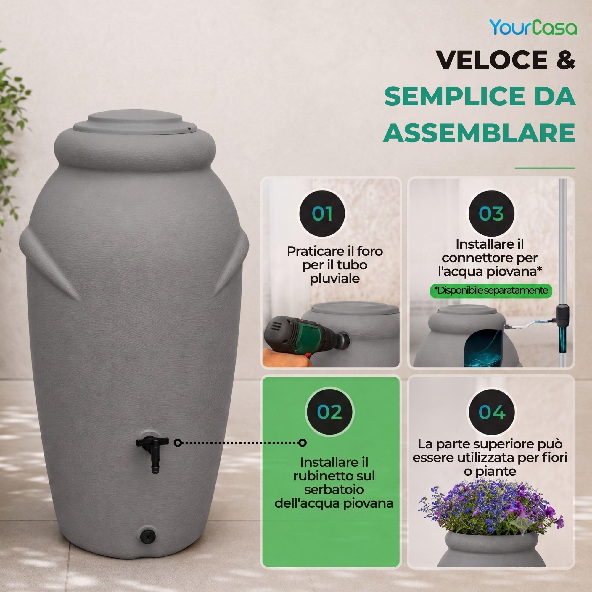 Yourcasa Serbatoio Acqua 210 litri [design anfore] in plastica resistente al gelo – Cisterna acqua piovana con rubinetto – Serbatoio acqua piovana giardino - raccolta acqua piovana (terracotta)
