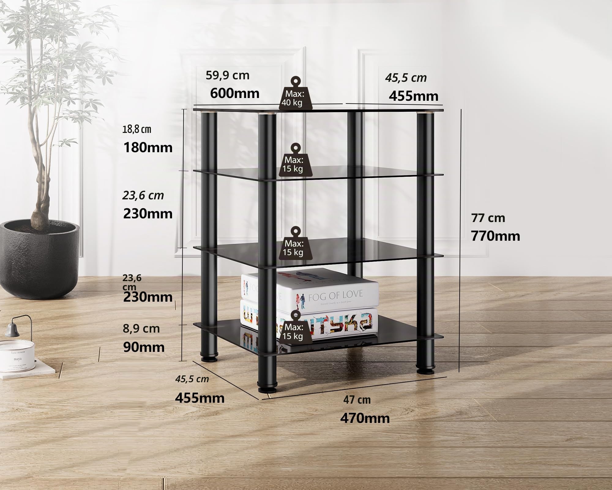 FITUEYES Meuble HiFi Verre Trempé Noir 4 Niveaux Hauteur Réglable 60×46×77 cm Charge 40 kg