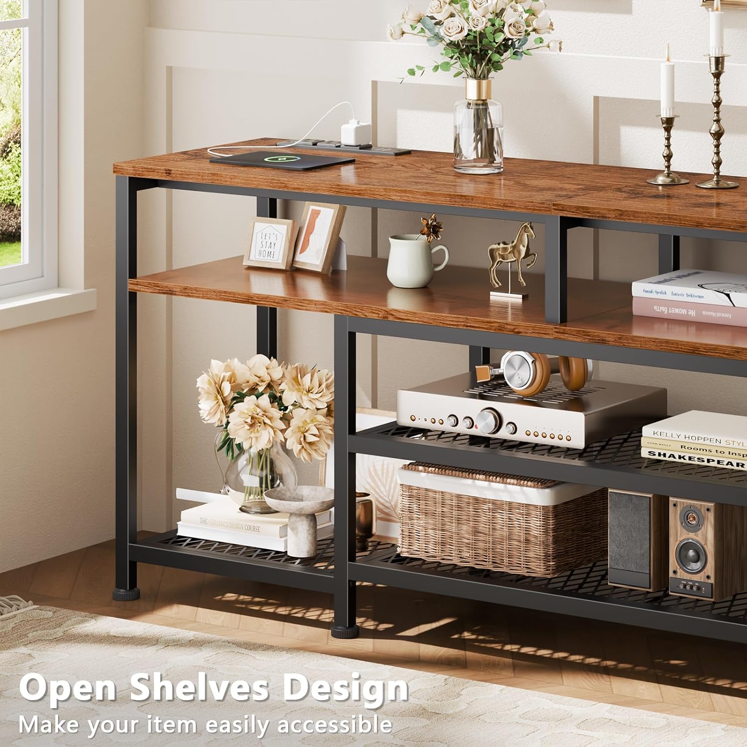 Furologee TV Stand with Power Outlets and LED Lights, 55 Inch Entertainment Center for 55 60 Inch TVs, Media Console Table with Open Shelves, for Bedroom, Living Room, Rustic Brown - Image 4