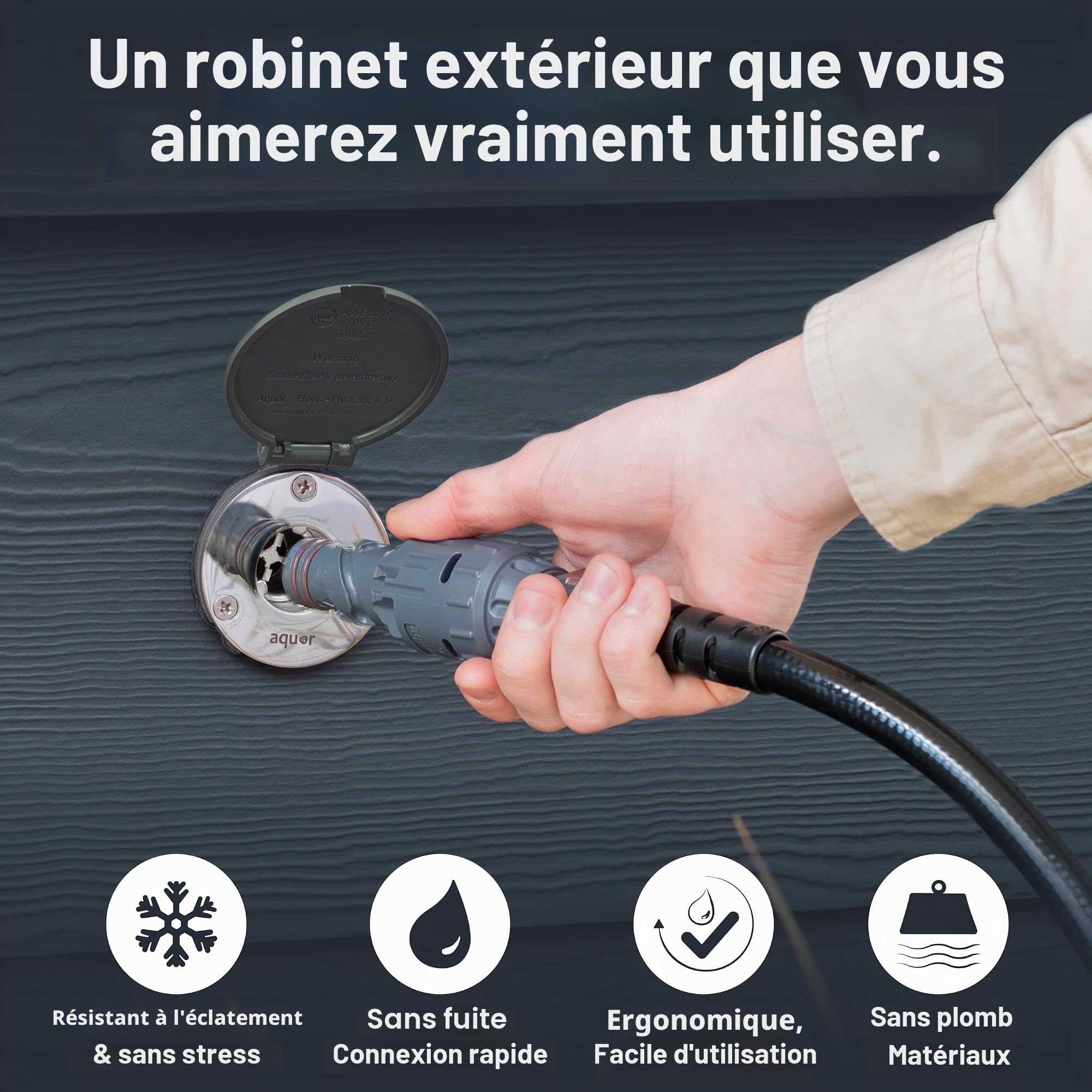 Aquor House Hydrant V1+ Robinet d'extérieur anti-gel avec connexion rapide et anti-siphon, système anti-gel, 30,5 cm, gris ardoise