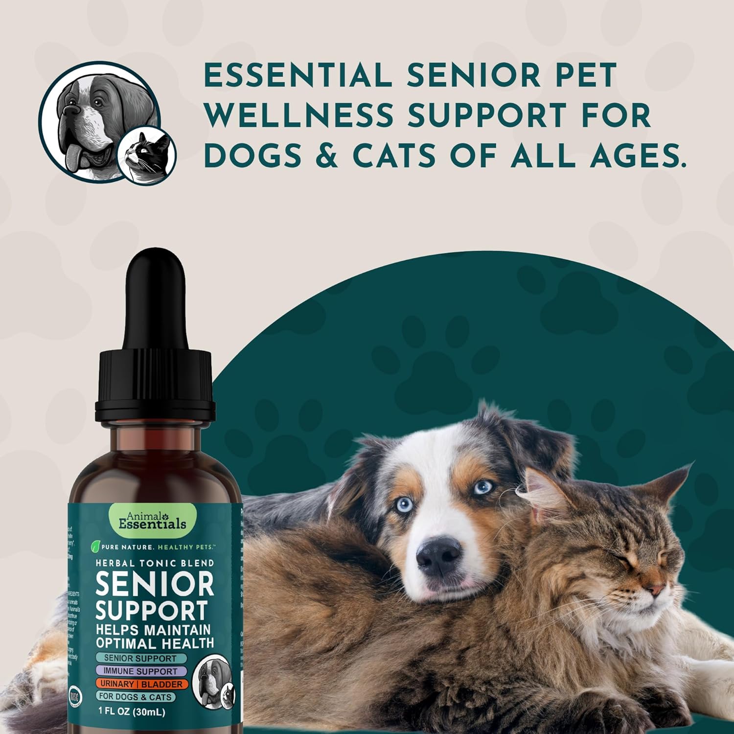 Animal Essentials Senior Support for Dogs & Cats Supplement - Milk Thistle, For Old Cats & Dogs, Pet Kidney Support, Herbal Supplement - 2 Fl Oz
