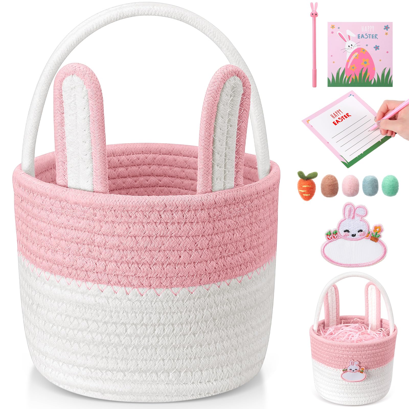 SiliFine Small Easter Baskets Set Woven Easter Basket with Name Tag Detachable Rabbit Ear Rustic Bunny Basket for Kids Girl Boy Baby Party Decoration Supplies(Pink)