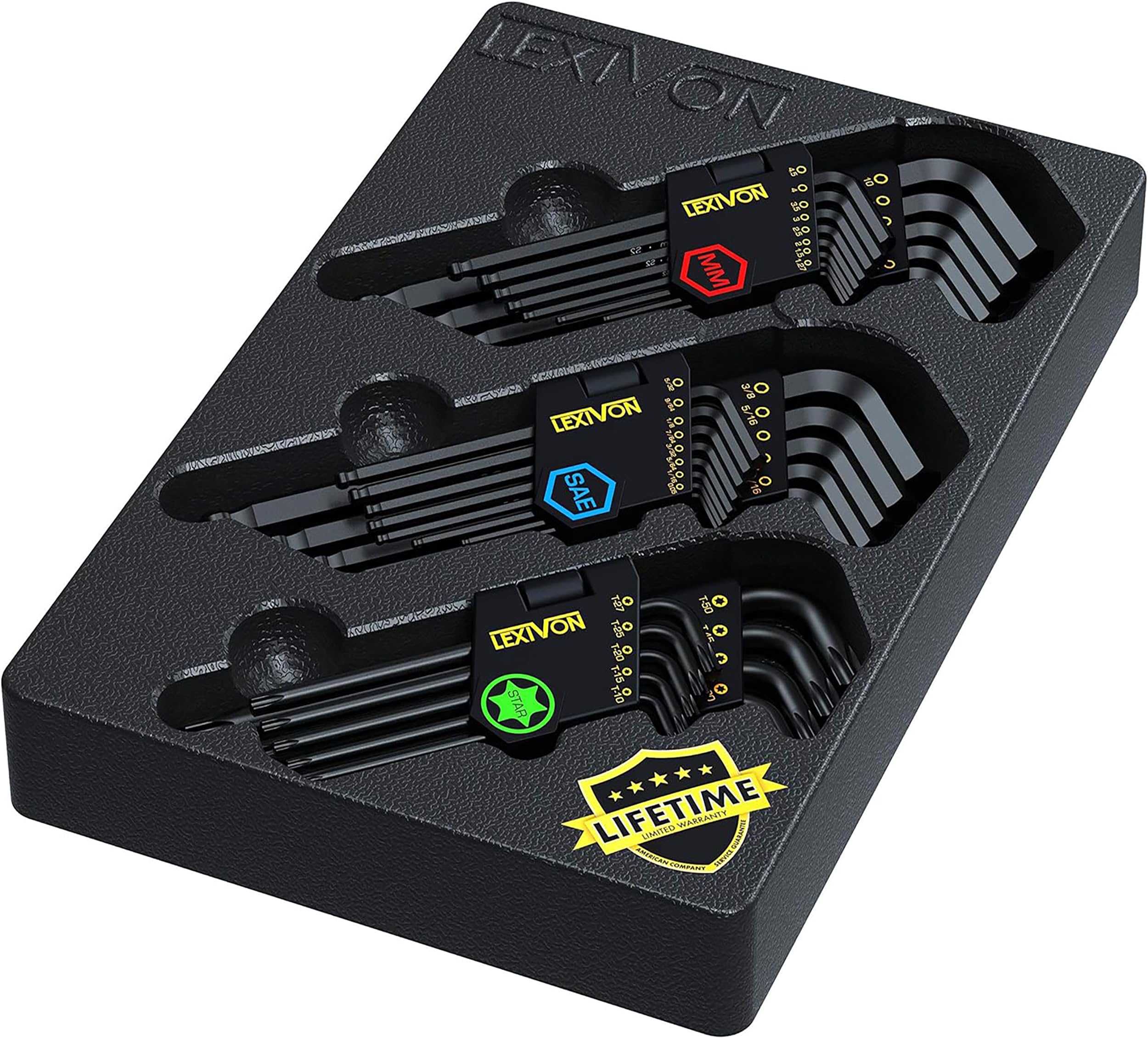 LEXIVON Juego de llaves allen/hexagonales 3-Pack Métrico/SAE y Estrella de Brazo Largo de 35 piezas…