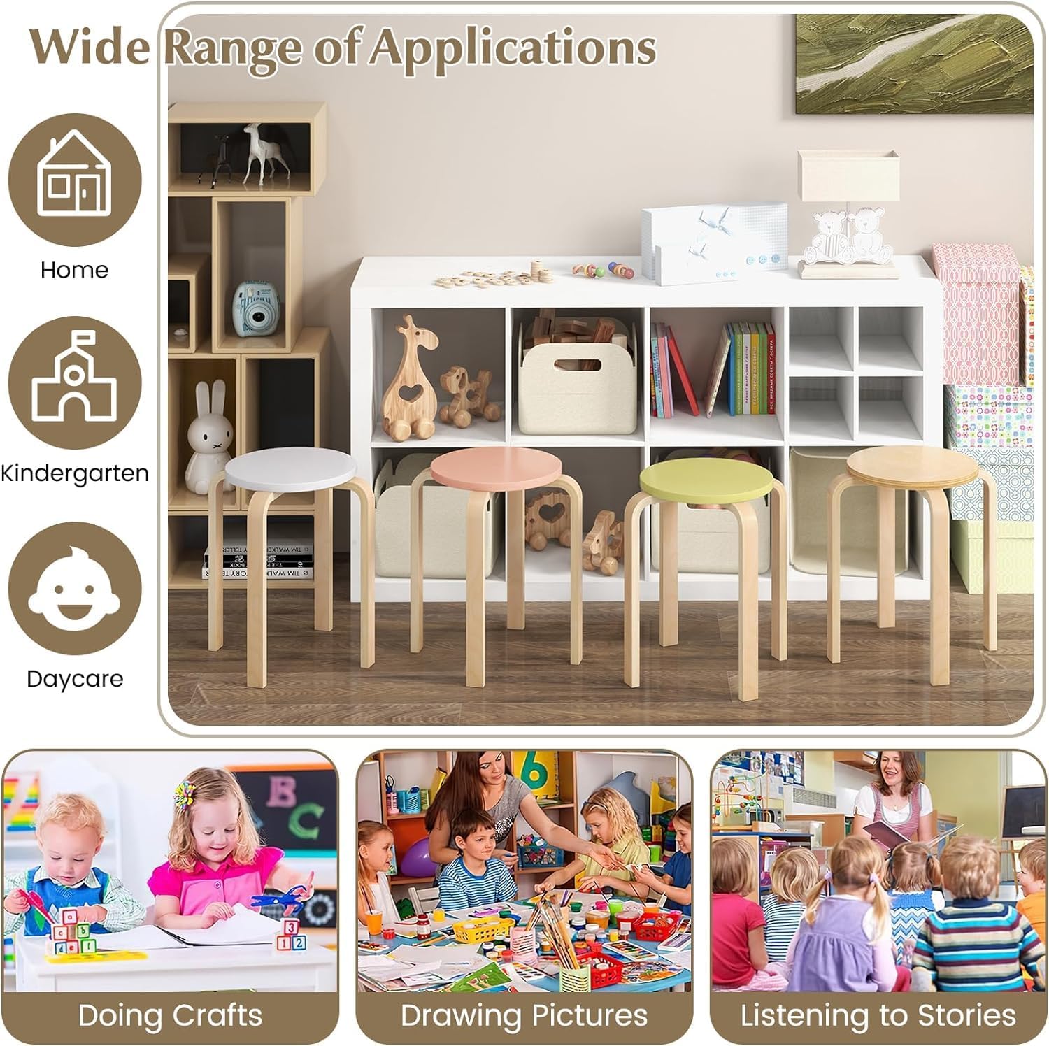 LDAILY Stackable Stools Set of 4, Round Wooden Stools 18 Inches with Waterproof Surface & Reinforced Connections, Backless Stacking Classroom Stools for School, Kitchen, Dining Room, Event, Party