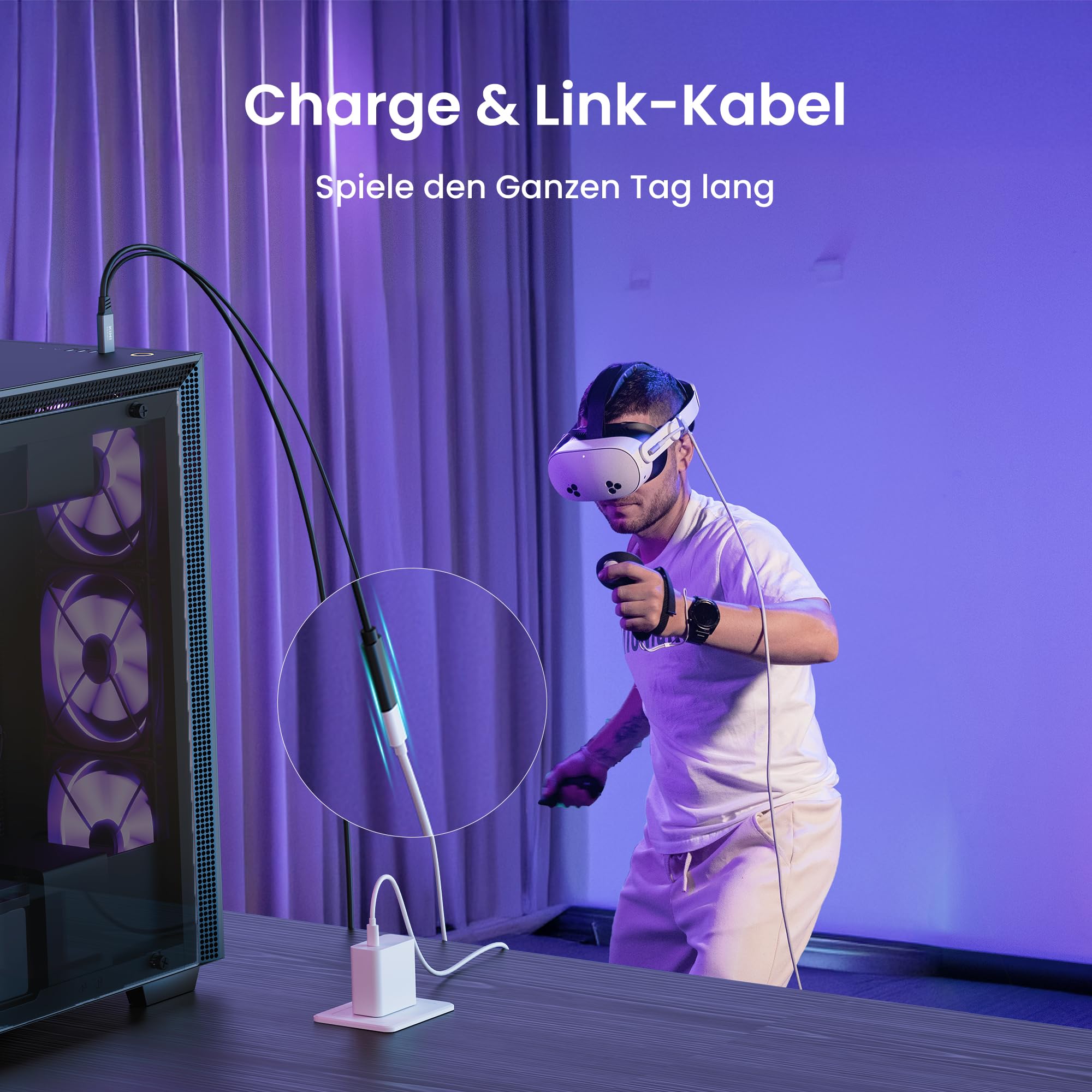 KIWI design Link-Kabel mit Ladefunktion 5M Kompatibel mit Meta Quest 3s Quest 3 Quest 2/Pro/Pico 4 Zubehör und PC/SteamVR, USB 3.0 zu USB C Link-Kabel mit 5 Gbps High-Speed für Erweitertes Gameplay