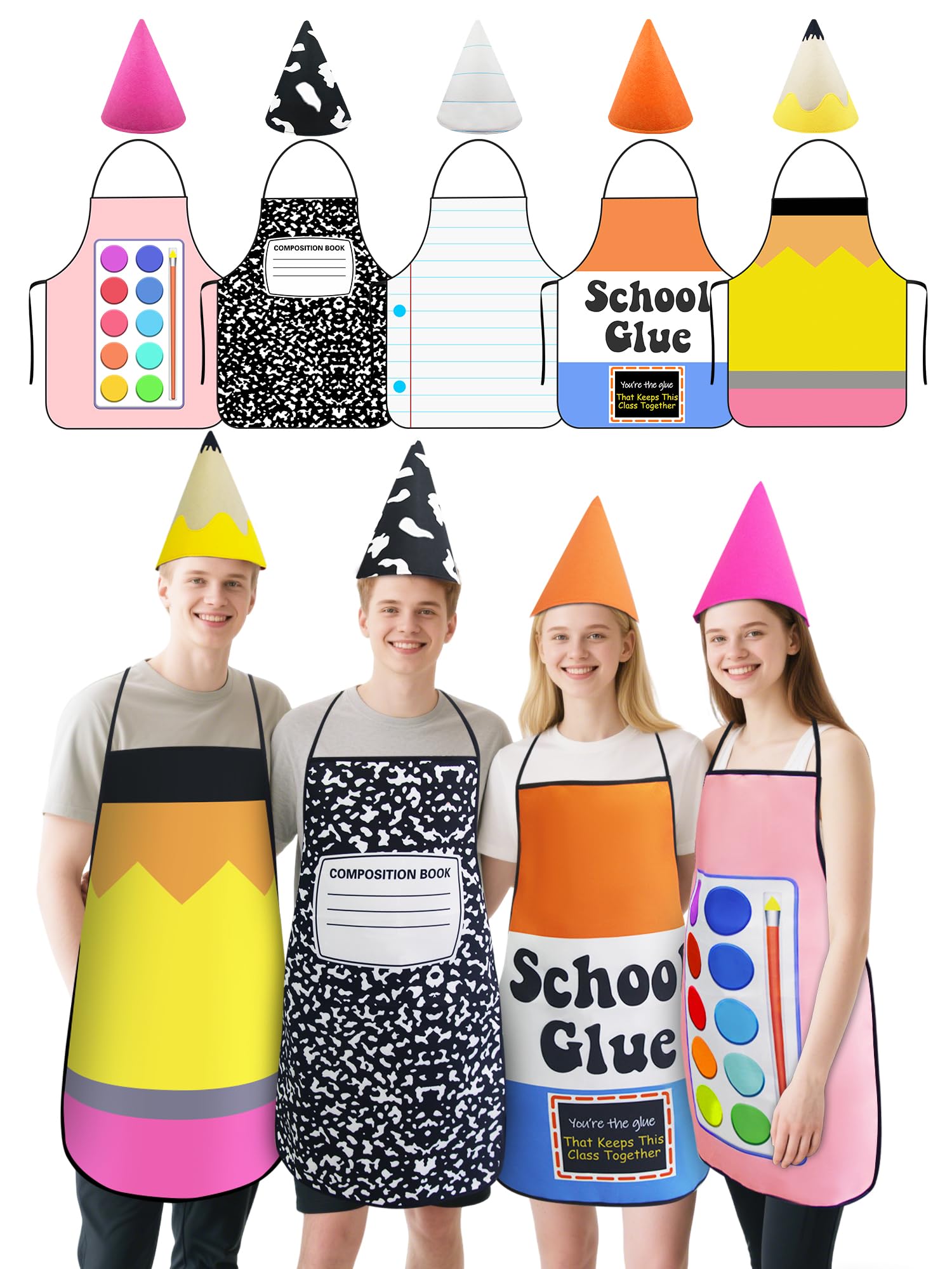 5 Sets Halloween Costumes for Teachers Group Colorful Apron Outfits | Crayon costume colorful apron with gnome cone hats, for adults women couples teachers, back to school classroom dress up