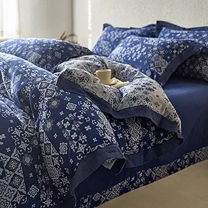 VM VOUGEMARKET Navy Blue Duvet Cover King Bohemian Geometric Duvet Cover Yarn-Dyed Cotton 3 Pieces Jacquard Flower Comforter Cover with Zipper Closure,Navy Blue/White