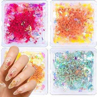 4 Boxes Small Dried Flowers for Resin, Mini Dried Flowers for Nails, 3D Dry Floral Petal Nail Stickers Charms for Pressed Real Natural Flower Nail Art Design Decoration Supplies